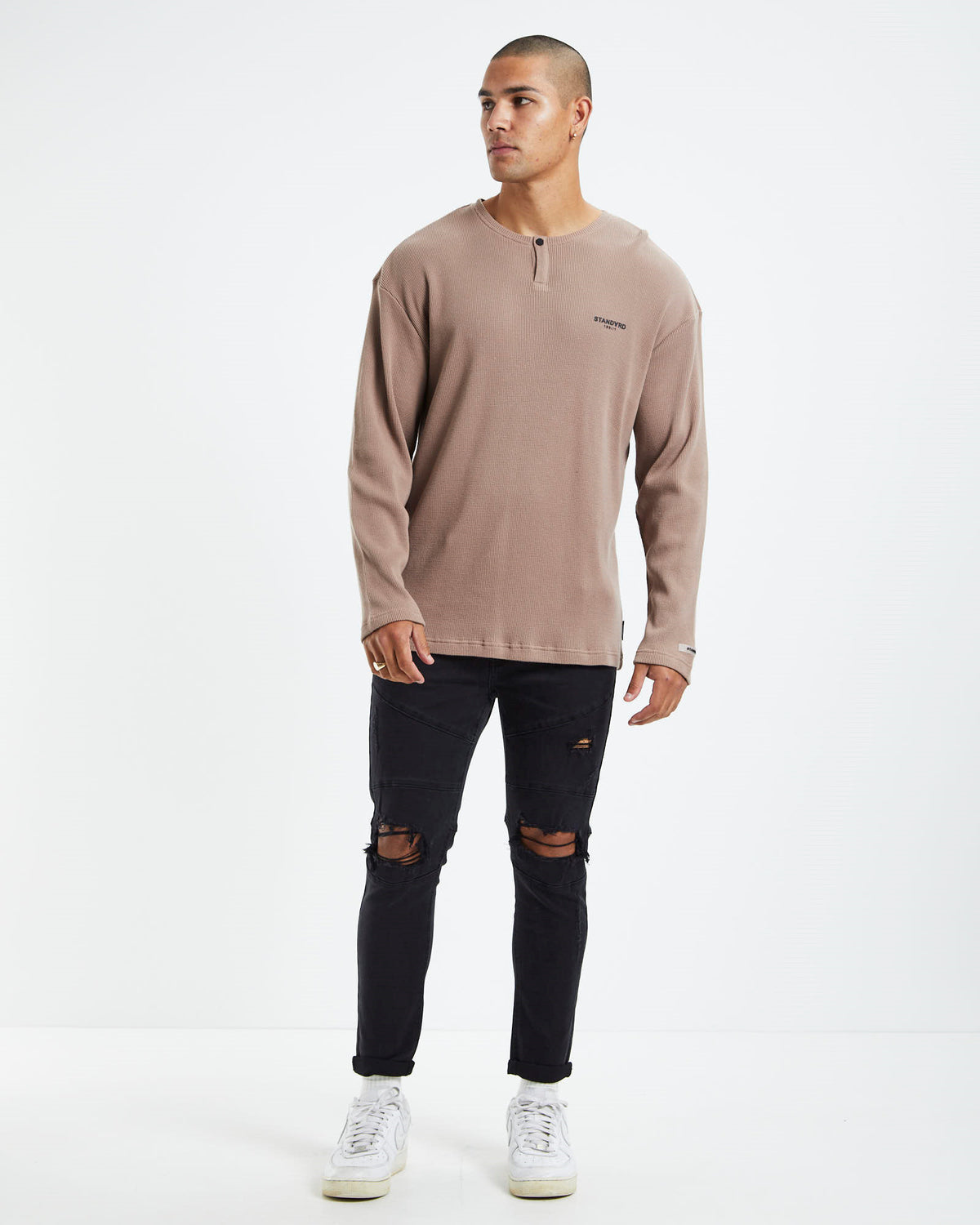 Waffle Henley Long Sleeve T-Shirt Dirt Brown BROWN
