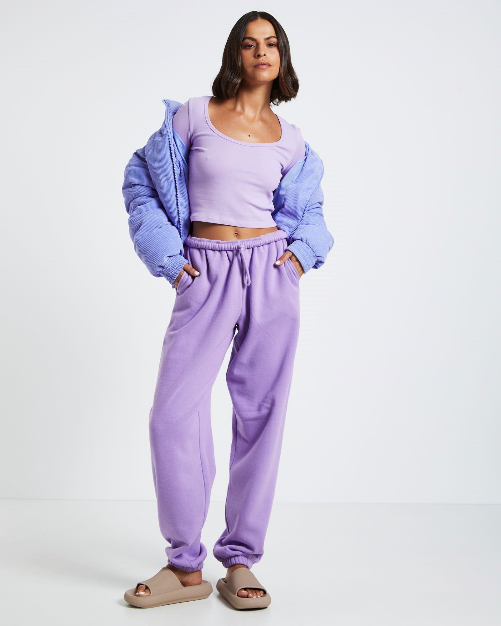 Scoop Neck Long Sleeve Crop Top Purple PURPLE