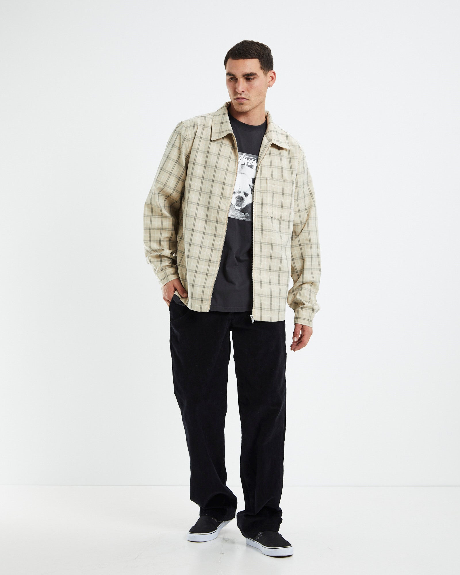 Check Zip Up Long Sleeve Shirt Sand SAND