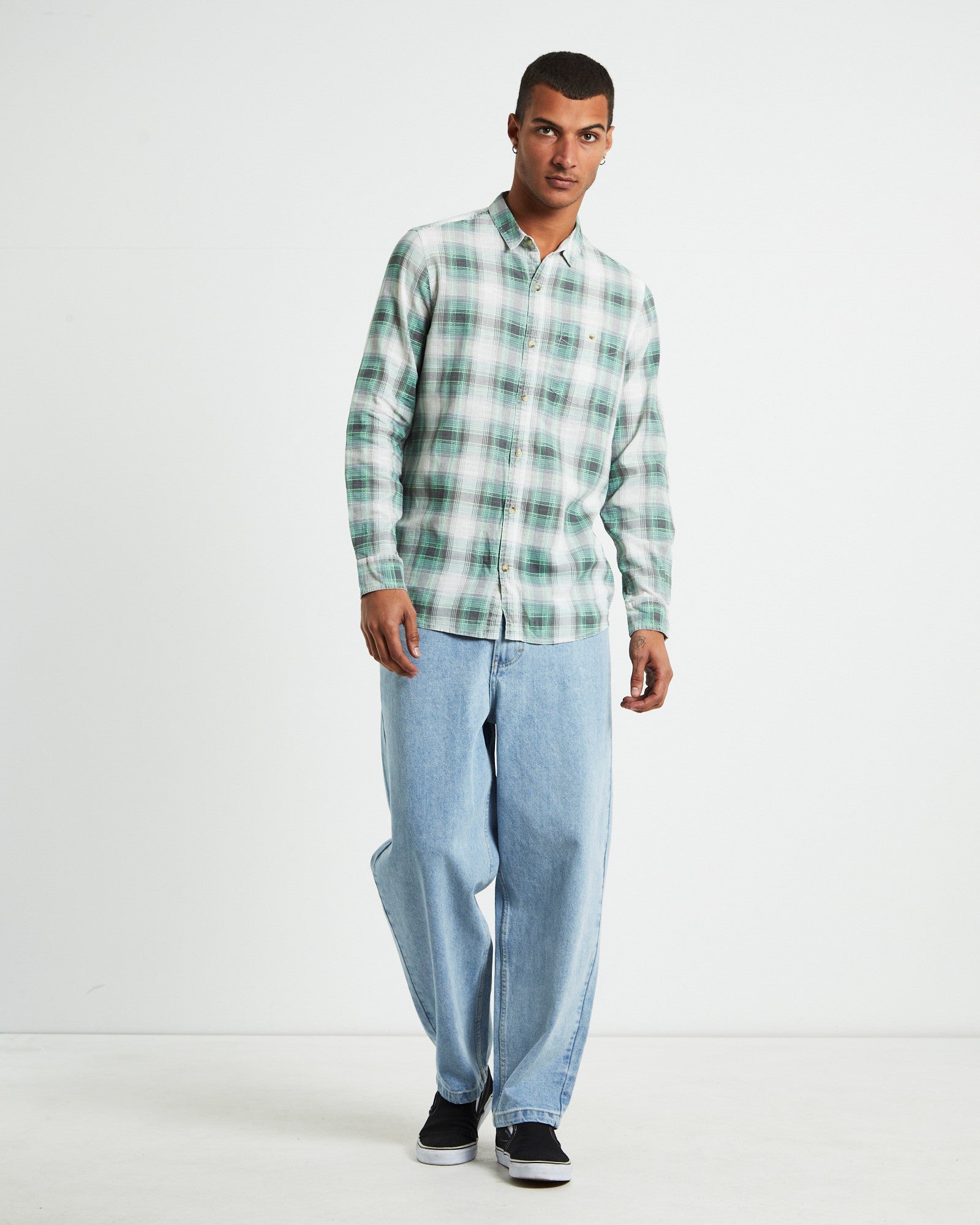 Men At Work Tradie Check Long Sleeve Shirt in Moss Green GREEN