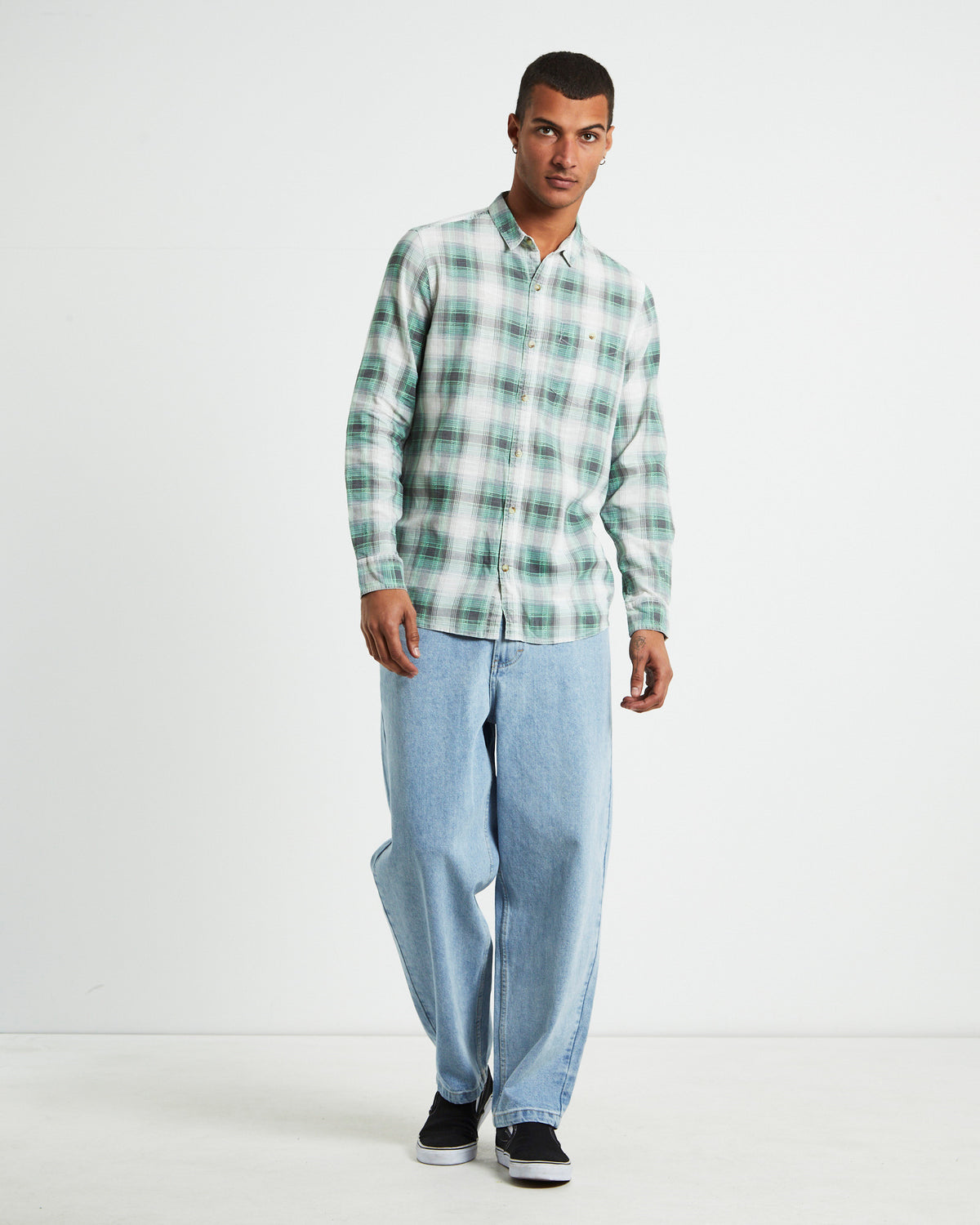 Men At Work Tradie Check Long Sleeve Shirt in Moss Green GREEN