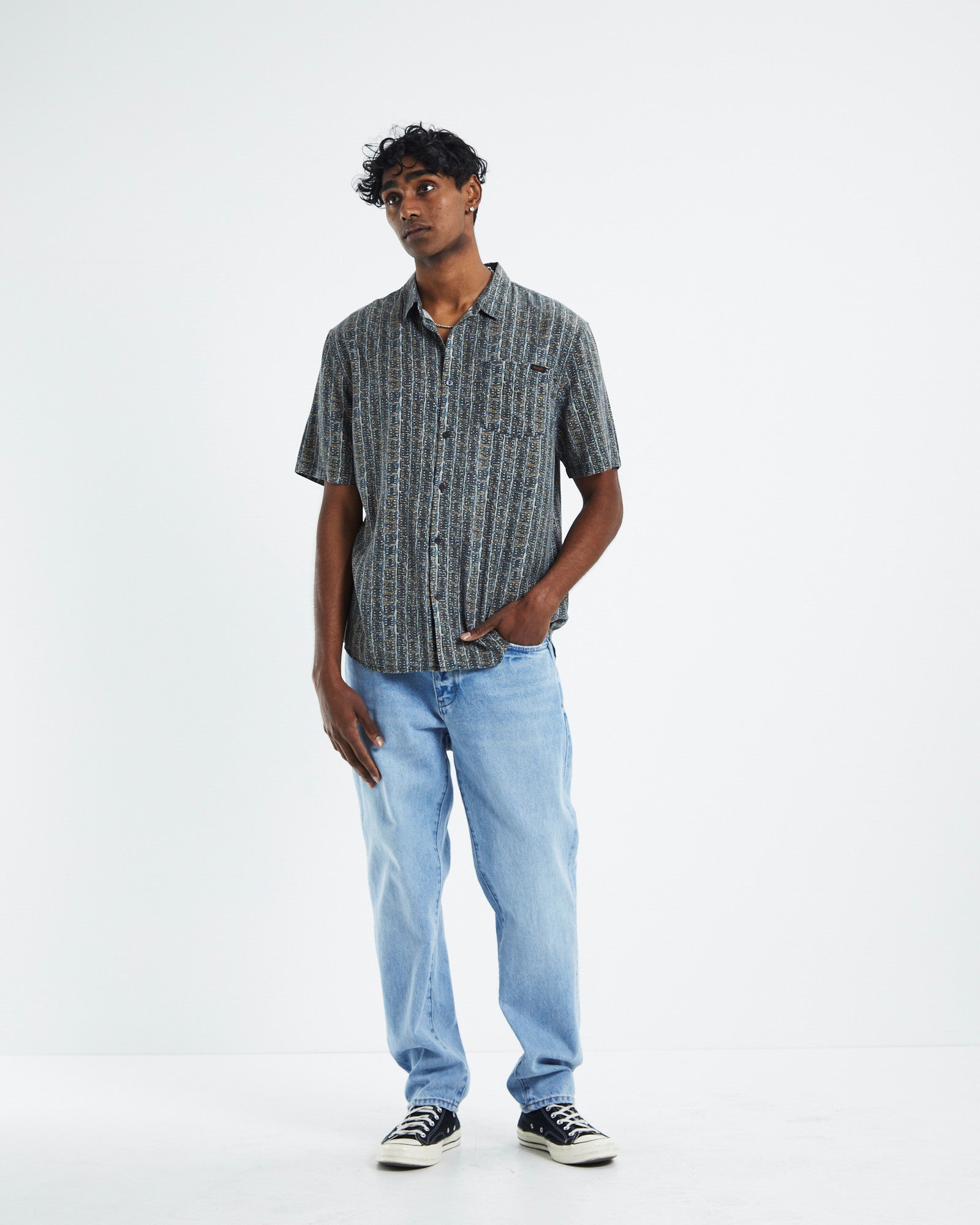 Garageland Short Sleeve Shirt Tony Stripe Blue BLACK