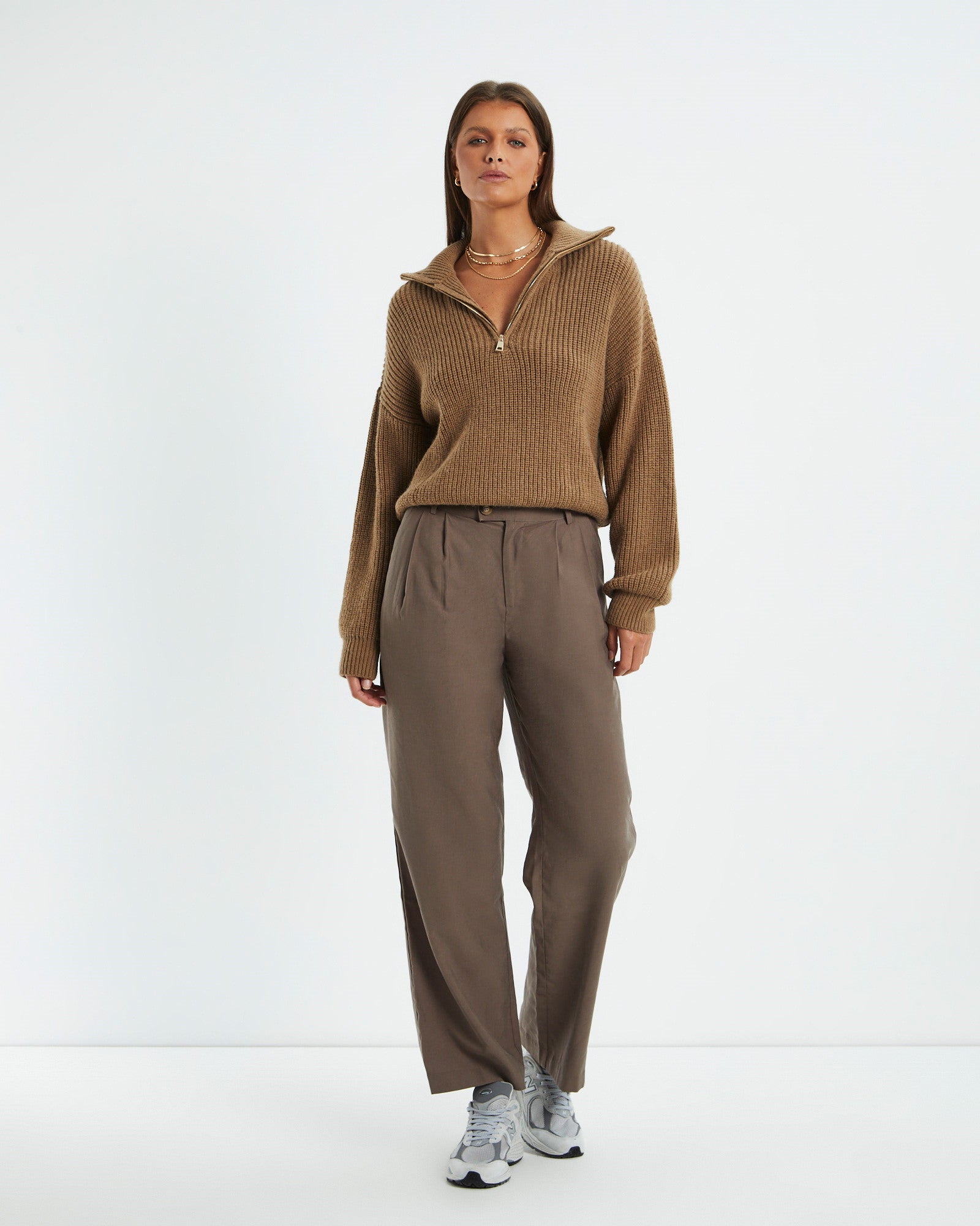 Ezra Half Zip Knit Pull Over Hazelnut BROWN