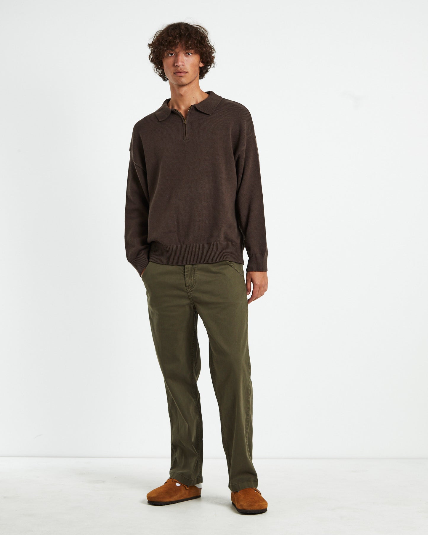 Relaxed Cable Knit Zip Through Umber Brown