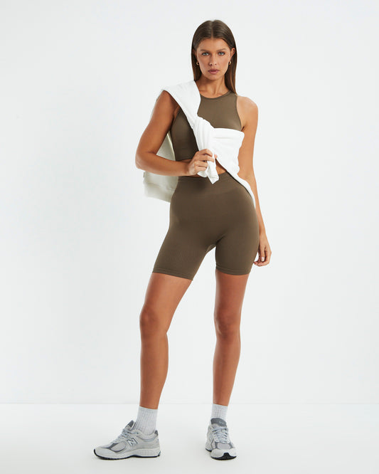 High Neck Sports Crop Top Cocoa Brown