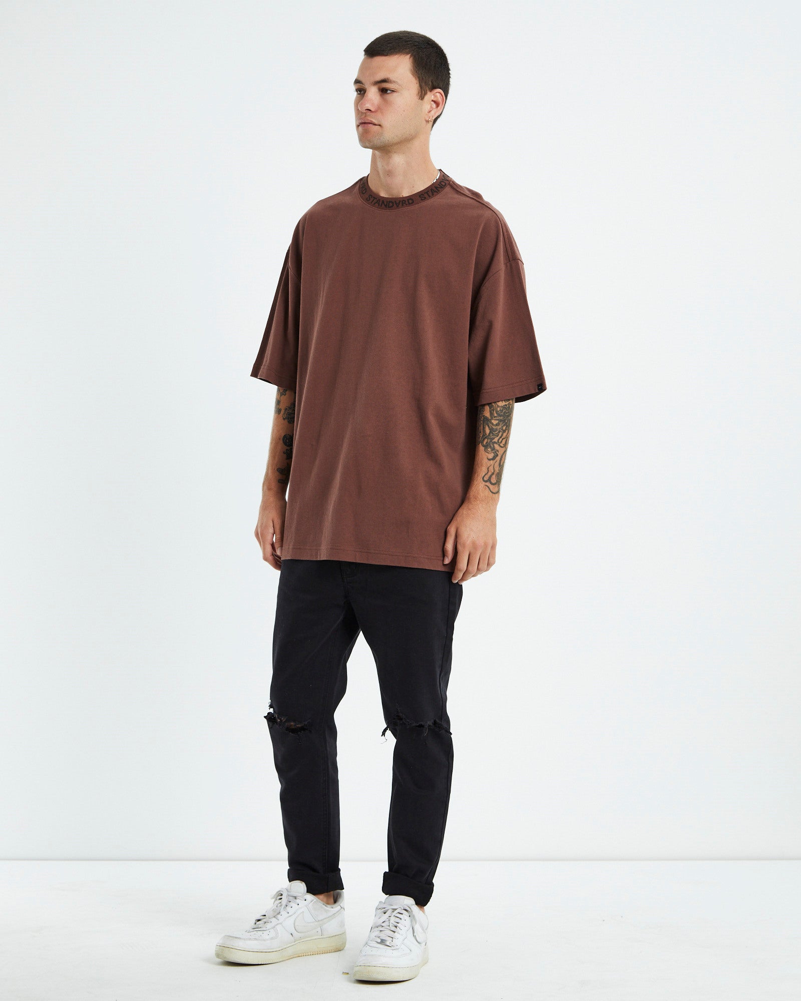 Collar Short Sleeve T-Shirt Dirty Brown BROWN