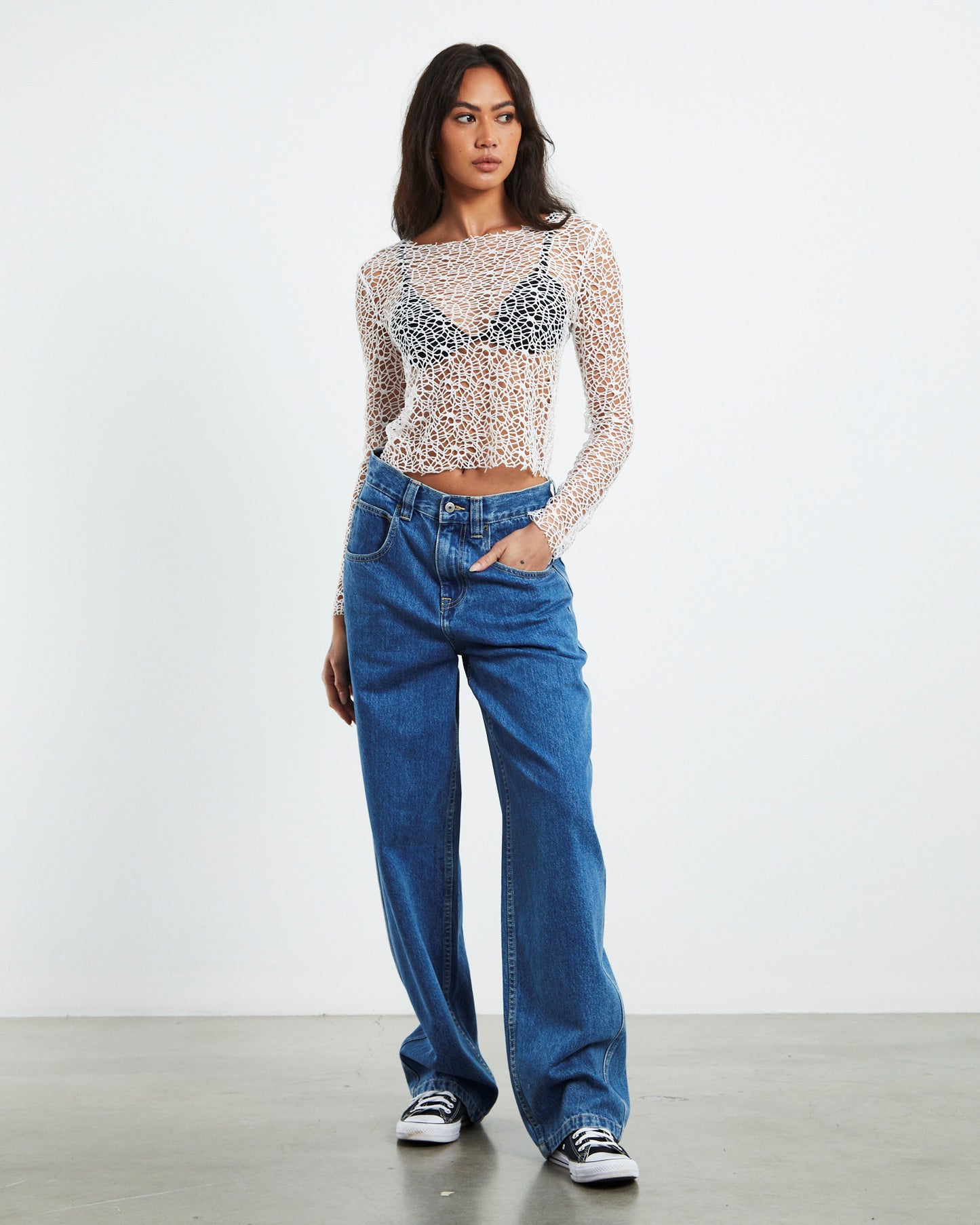 Minka Net Knit Long Sleeve Top White