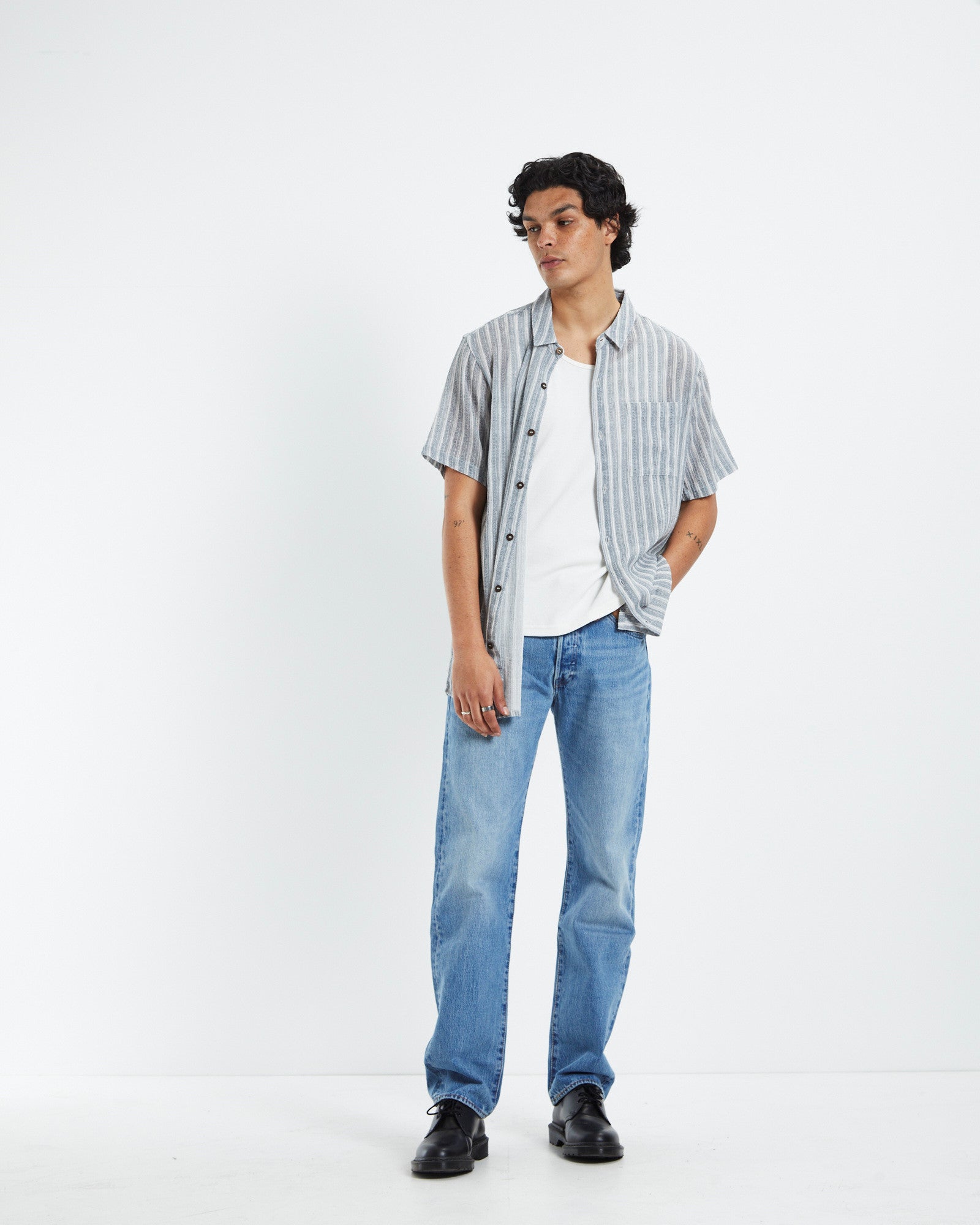 Bon Sun Stripe Short Sleeve Shirt Grey GREY