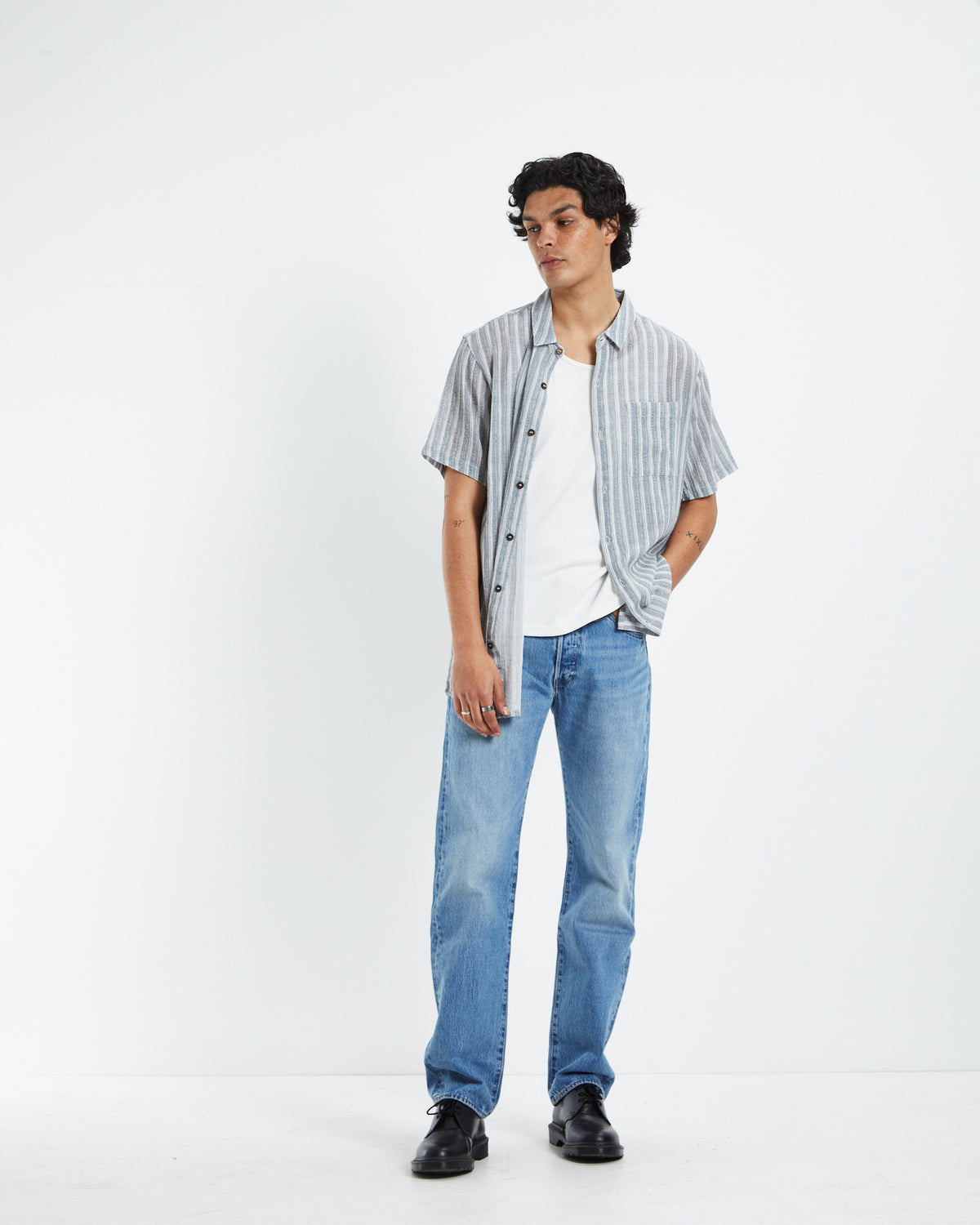 Bon Sun Stripe Short Sleeve Shirt Grey GREY