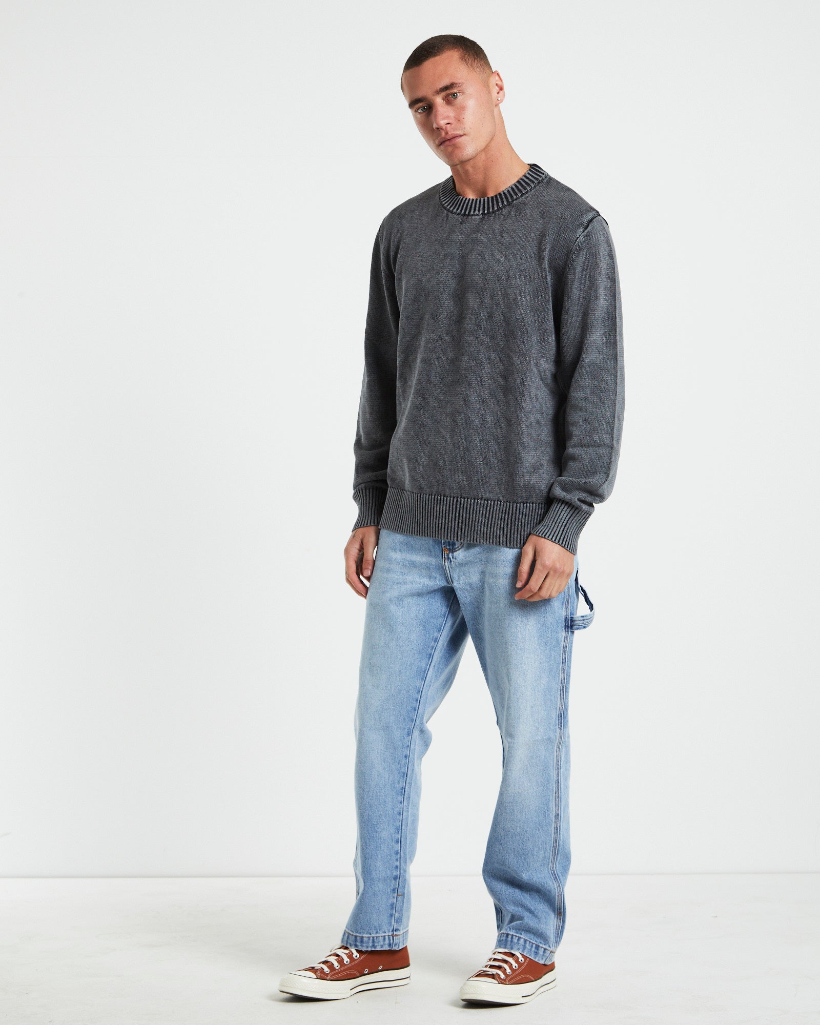 Strummer Acid Wash Long Sleeve Knit in Dark Charcoal GREY