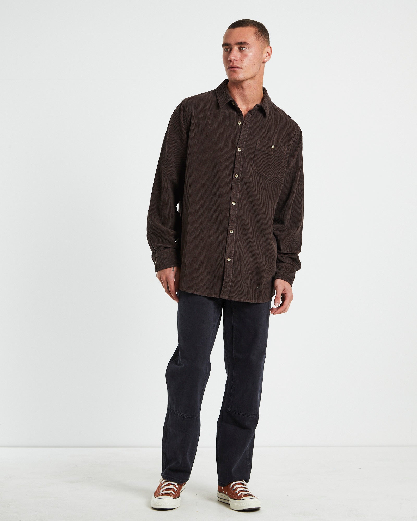 Men At Work Fat Cord Long Sleeve Shirt in Brown BROWN