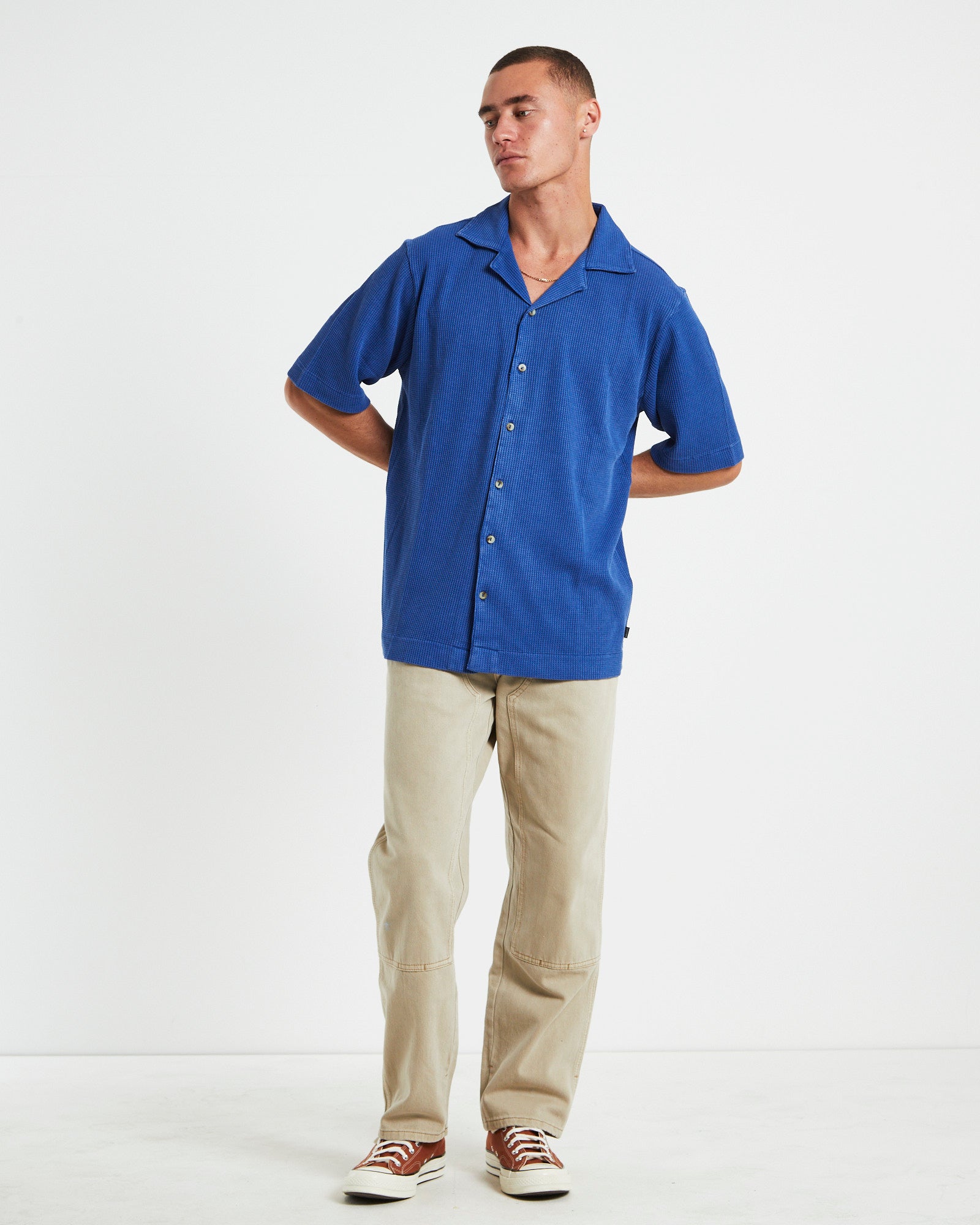 Waffle Bowler Short Sleeve Shirt in Cobalt Blue BLUE
