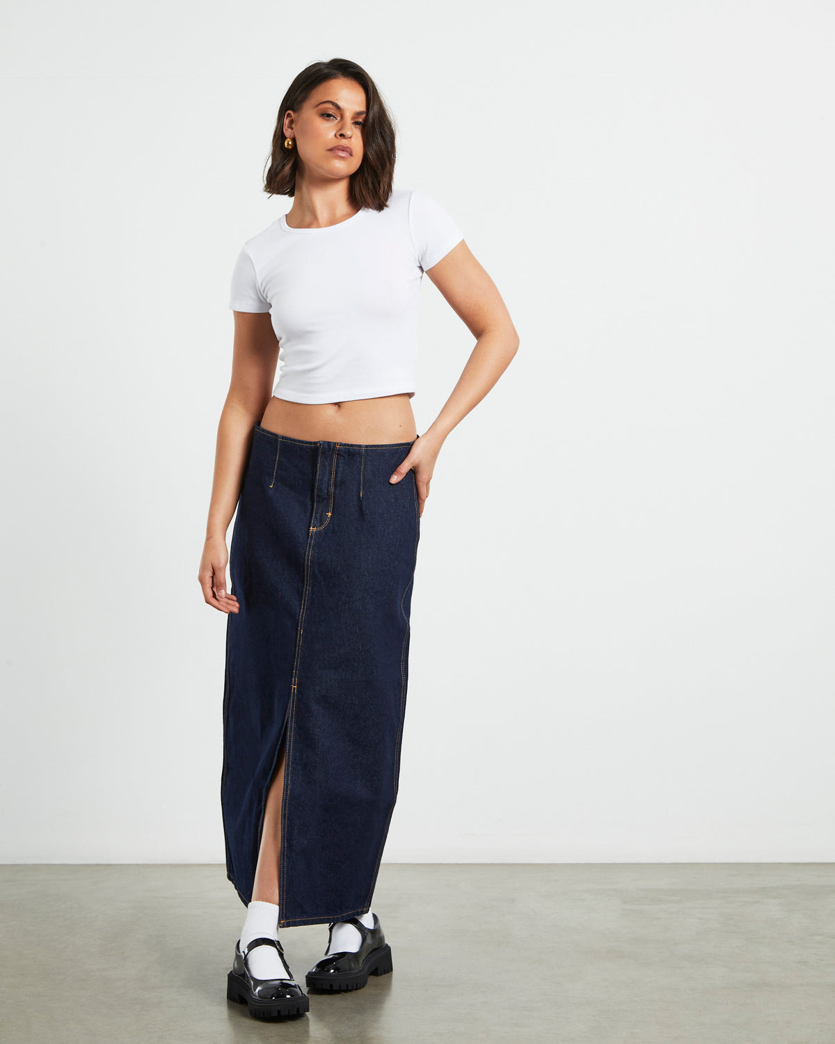 Recut Denim Maxi Skirt in Rinsed Denim Blue BLUE