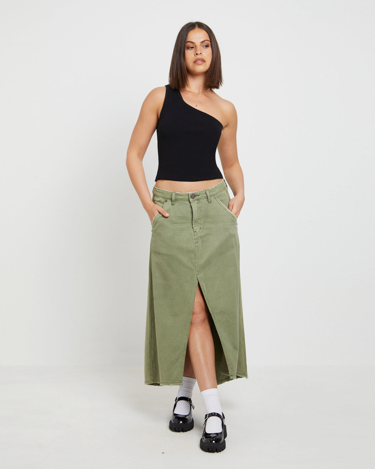 St Khaki Mrs Carter Long Denim Skirt in Green GREEN