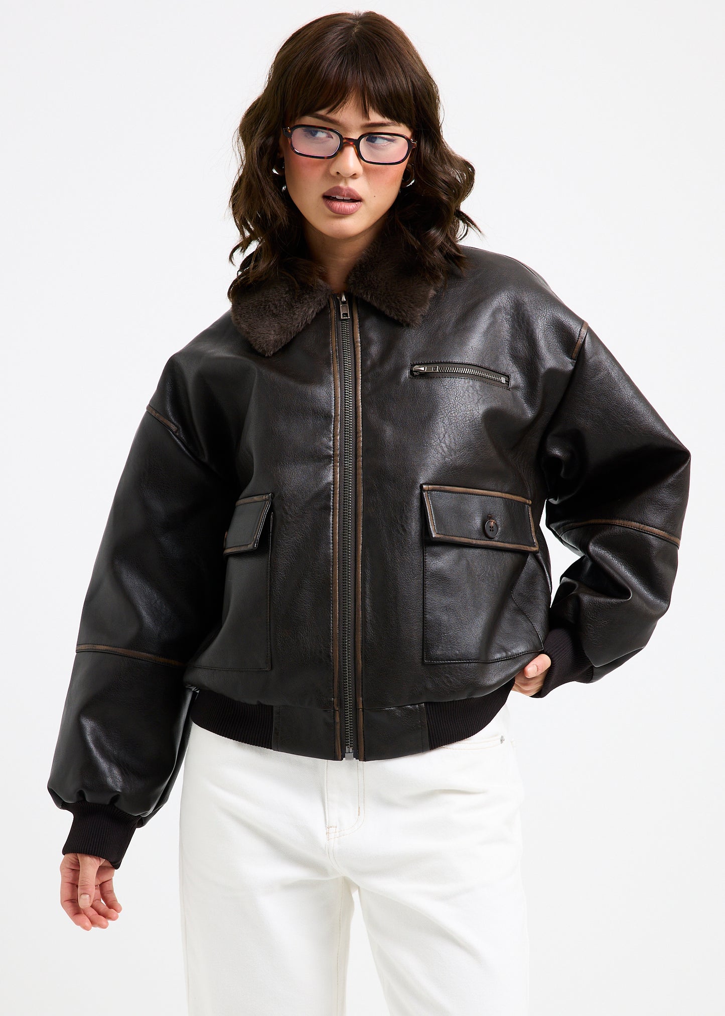 Cody Fur Trim Distressed PU Jacket BROWN