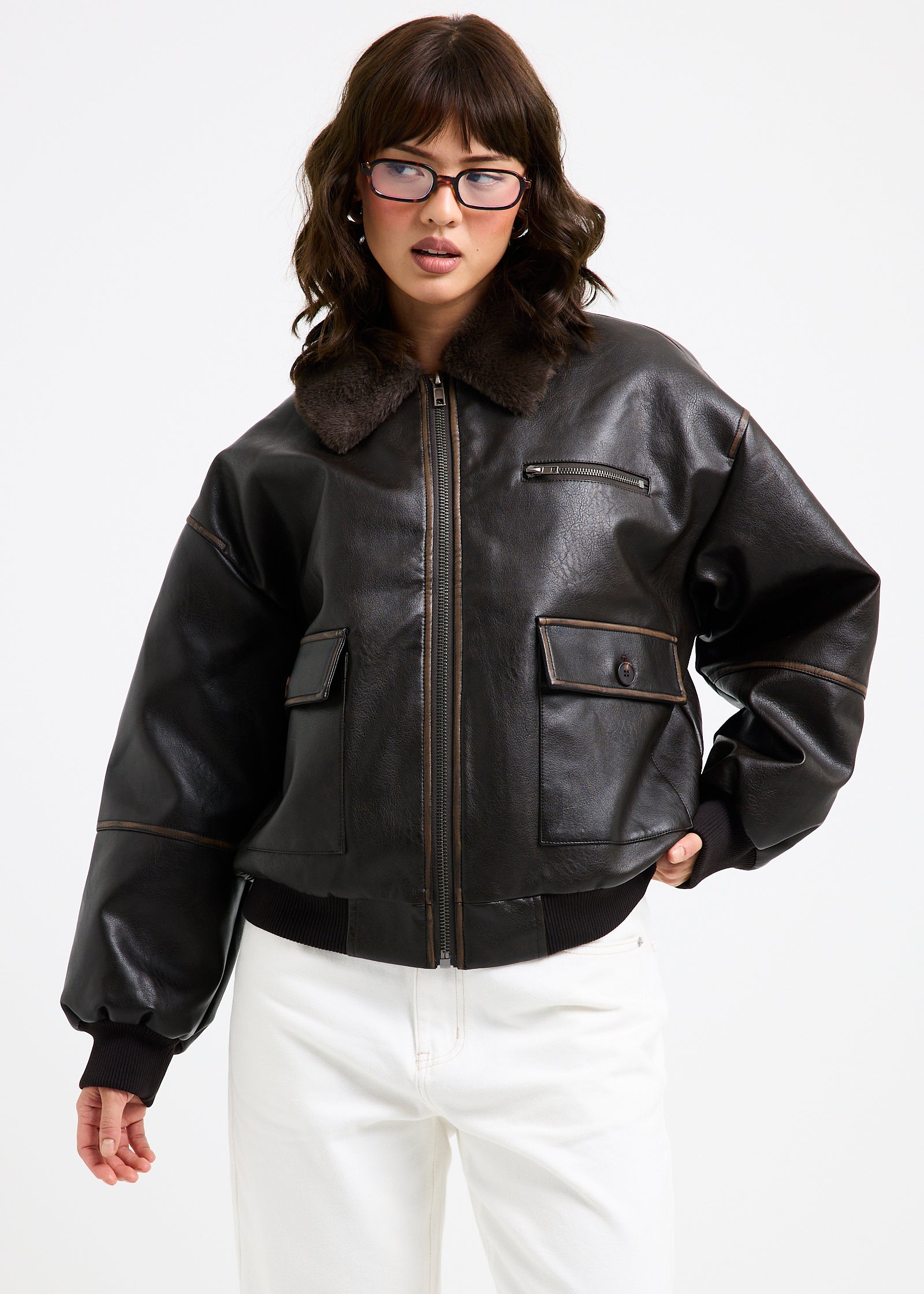 Cody Fur Trim Distressed PU Jacket BROWN