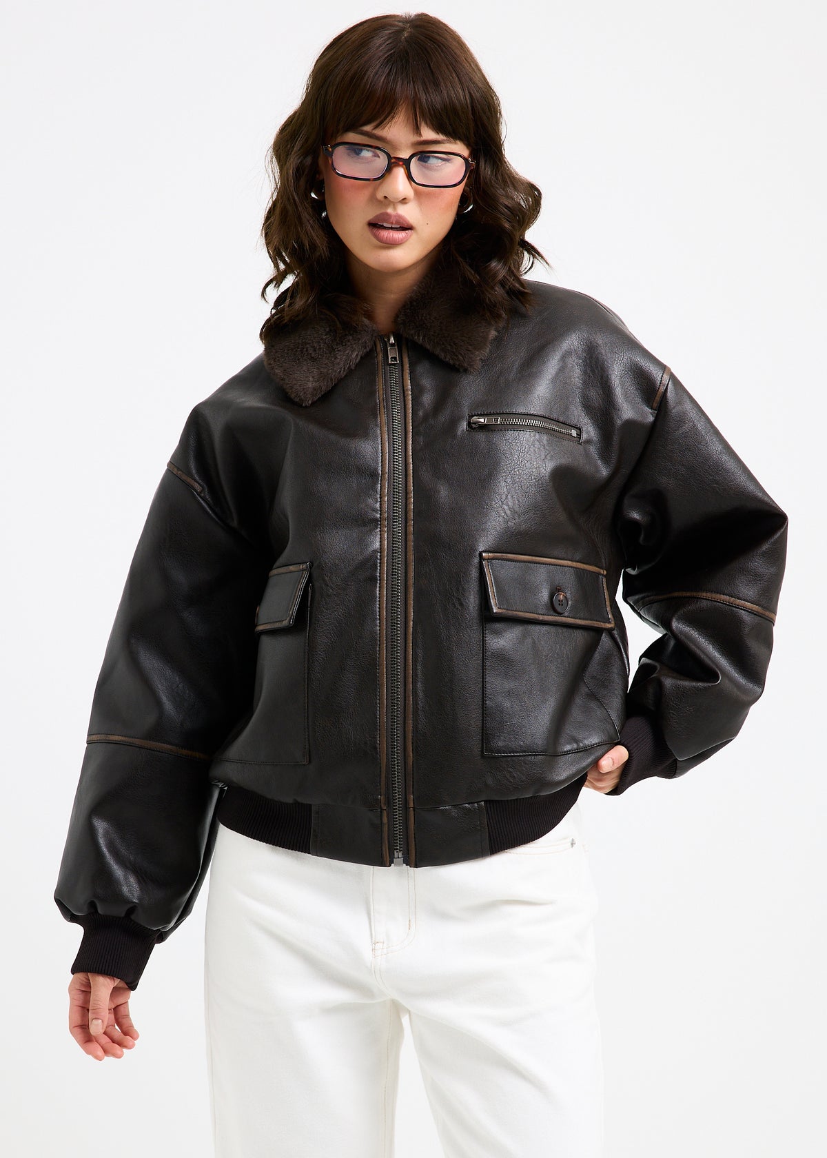 Cody Fur Trim Distressed PU Jacket BROWN