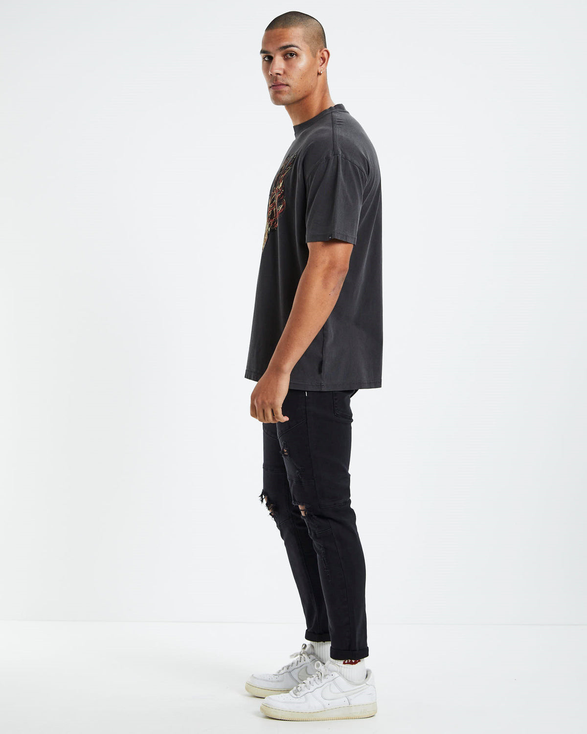 Flame Skull T-Shirt Vintage Black BLACK