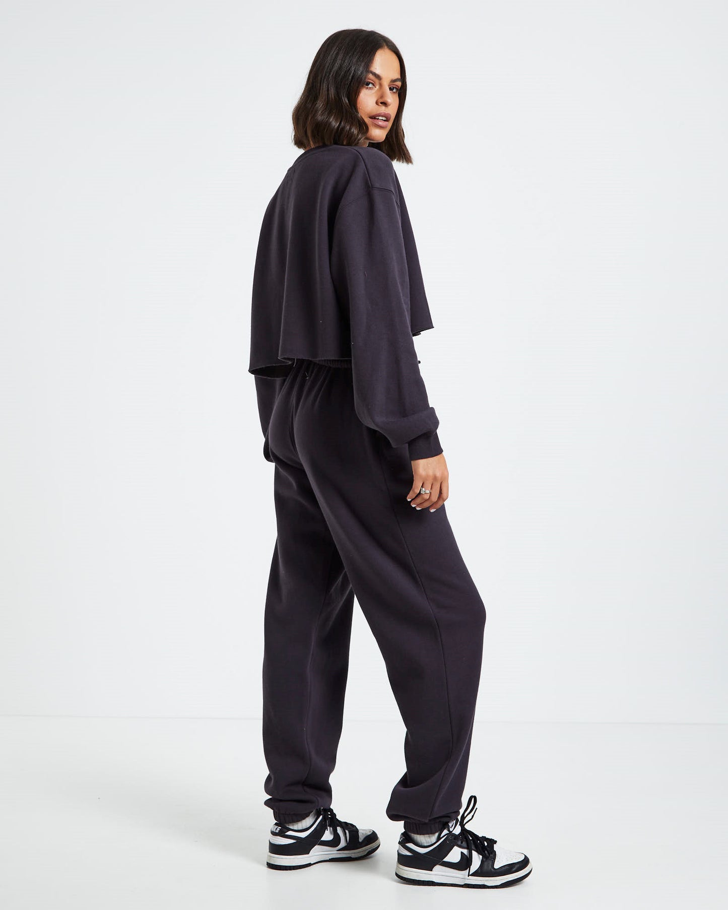 Cropped Raw Hem Fleece Jumper Washed Black