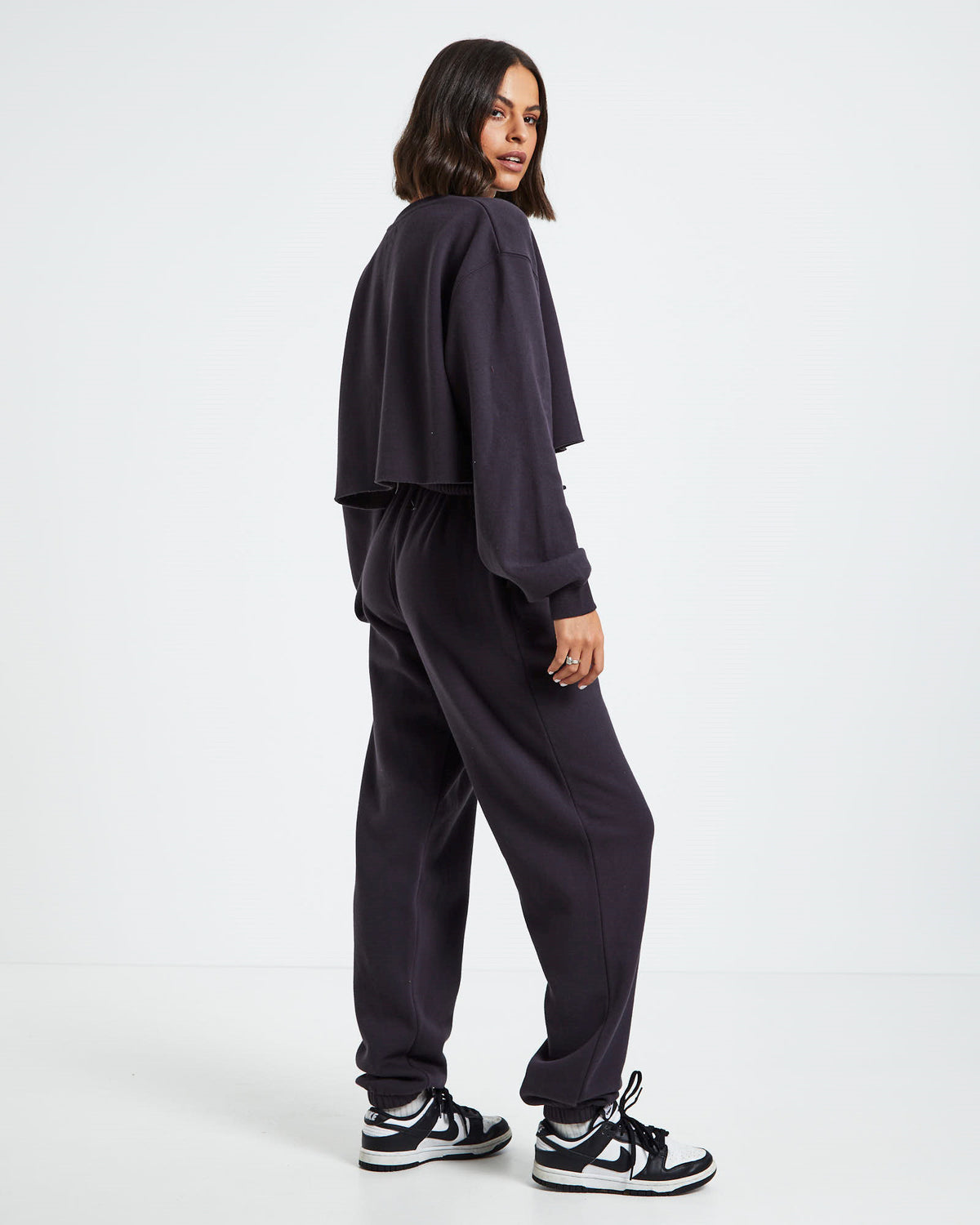 Cropped Raw Hem Fleece Jumper Washed Black BLACK