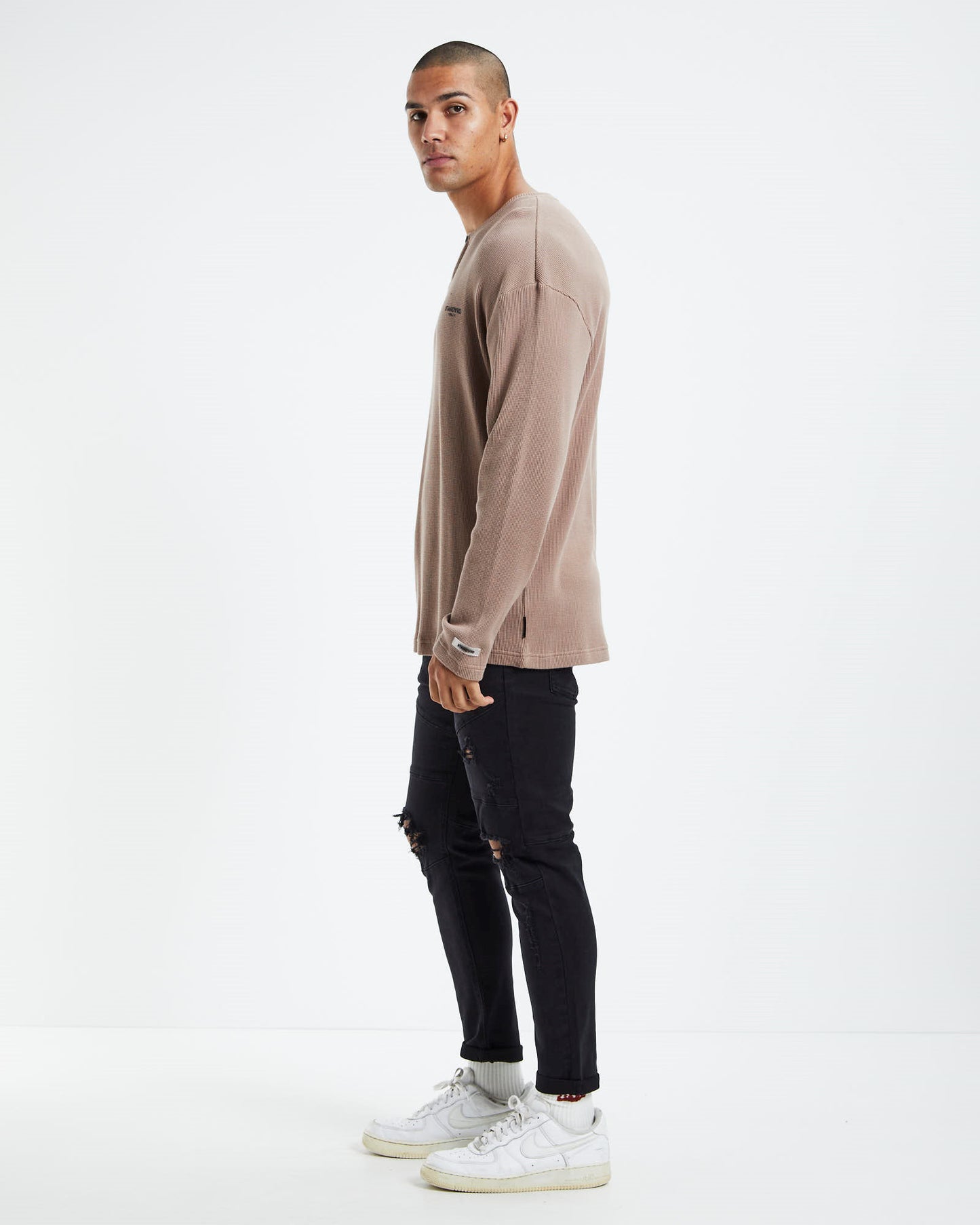 Waffle Henley Long Sleeve T-Shirt Dirt Brown