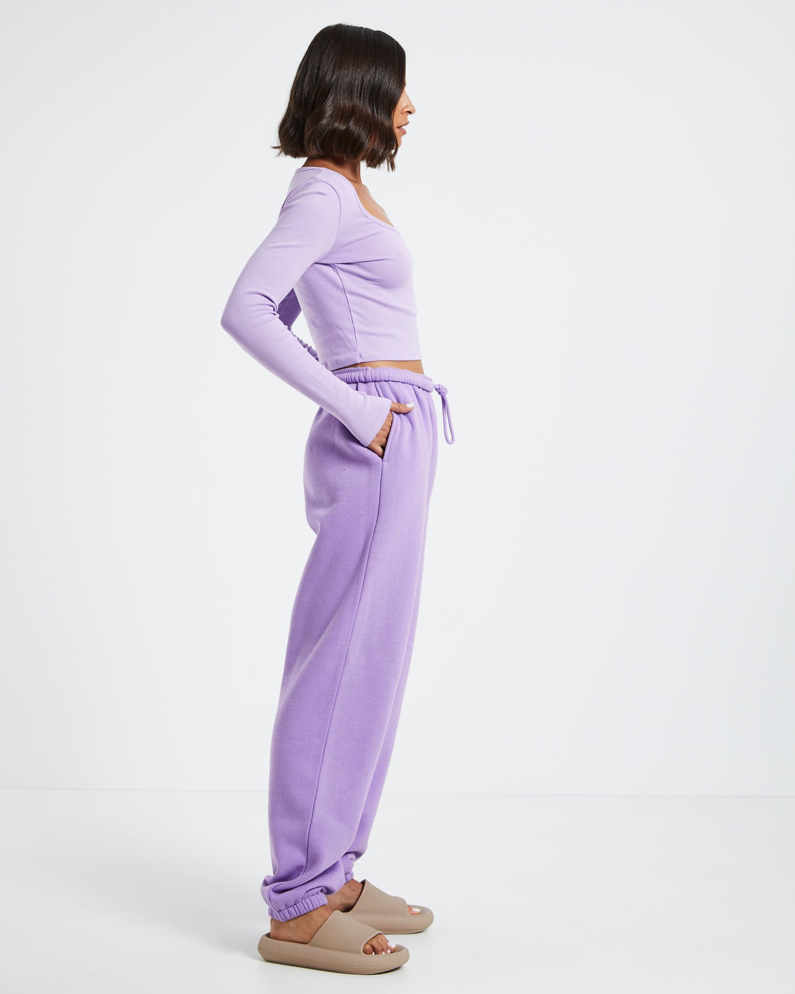 Scoop Neck Long Sleeve Crop Top Purple PURPLE