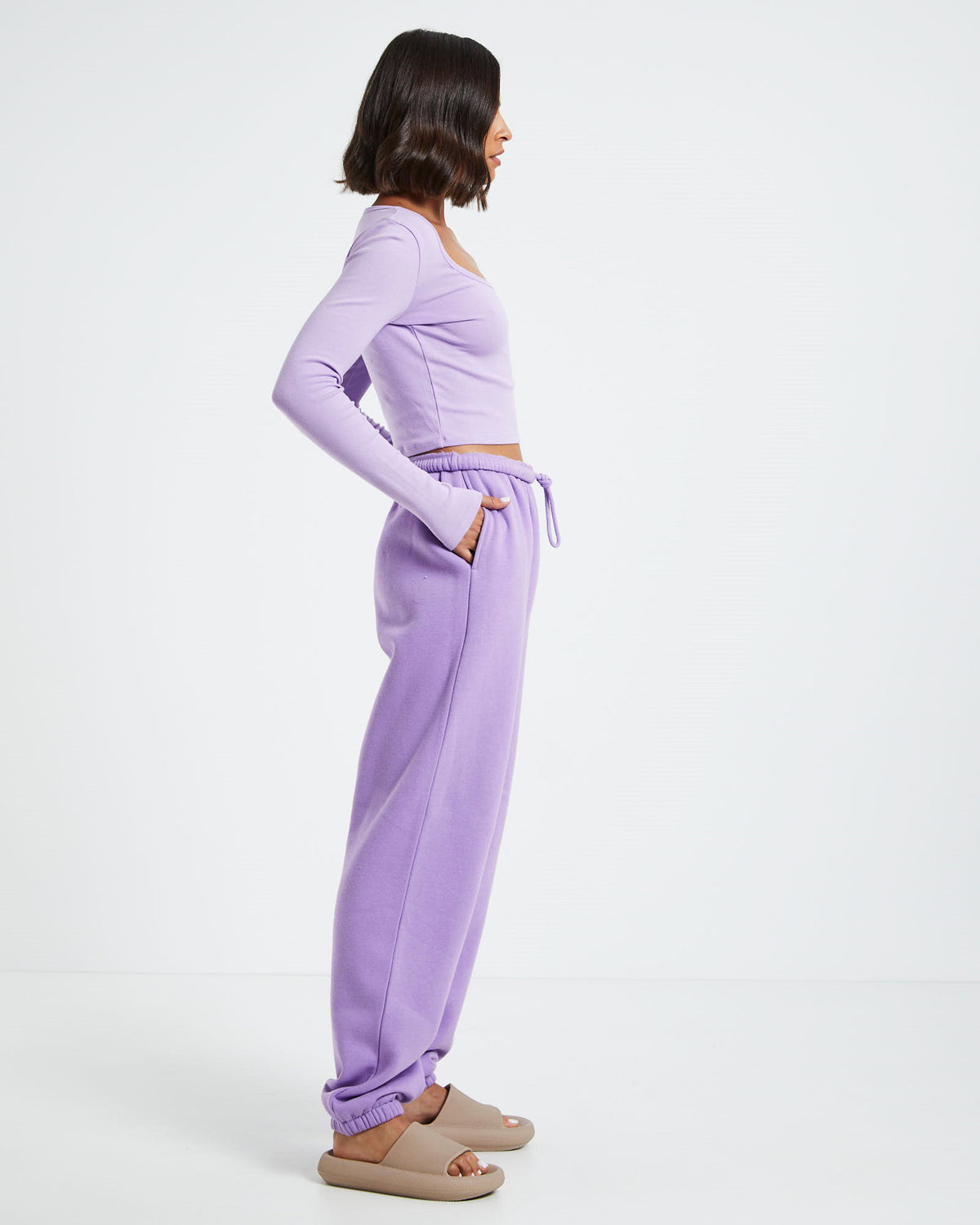 Scoop Neck Long Sleeve Crop Top Purple PURPLE