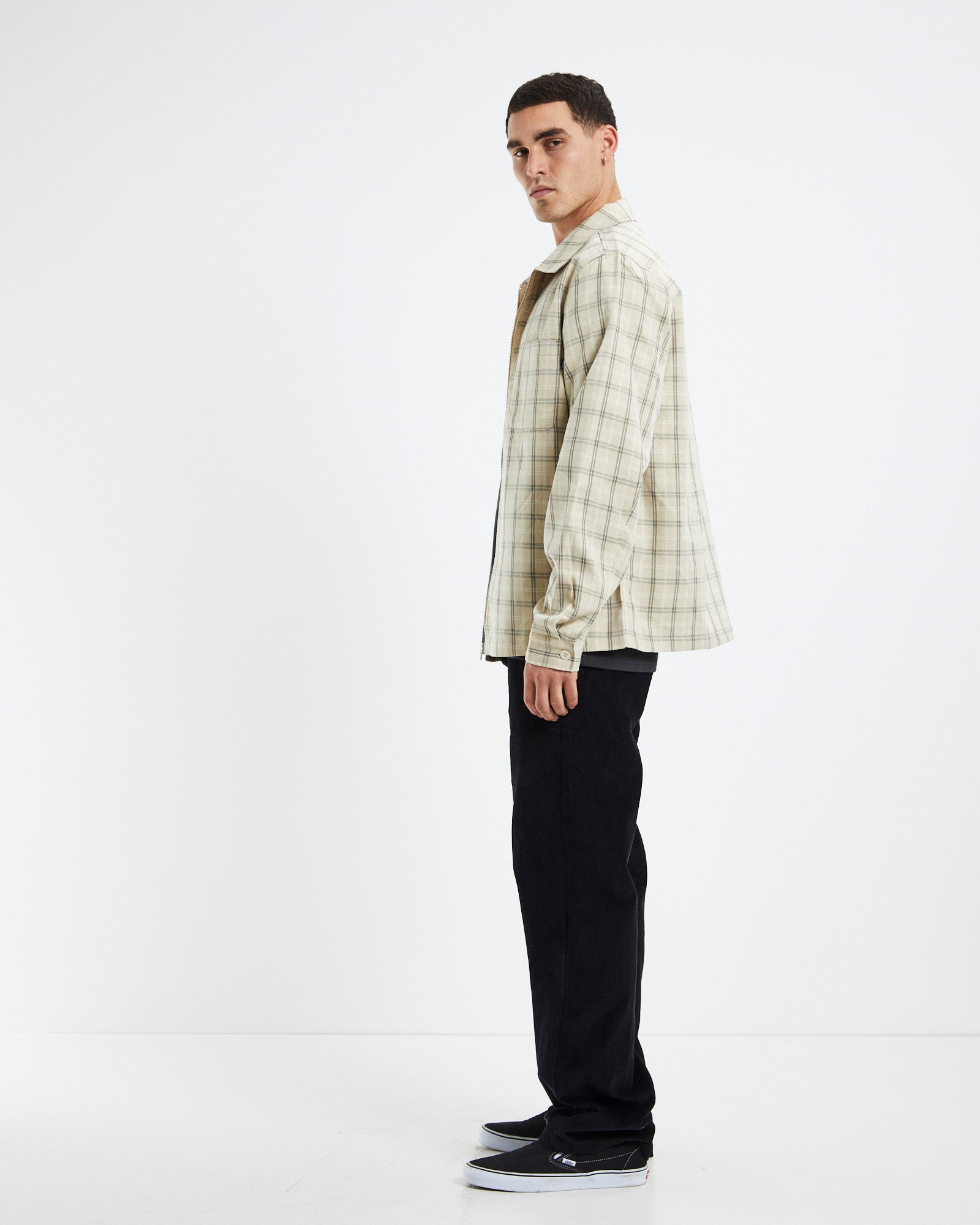 Check Zip Up Long Sleeve Shirt Sand SAND