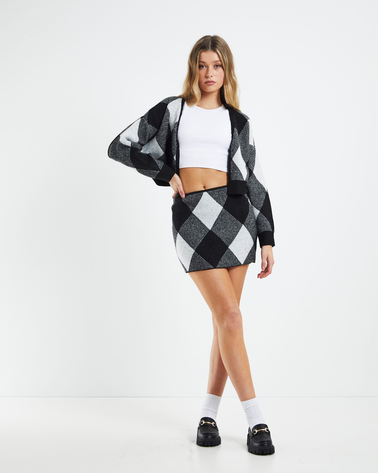 Alayah Argyle Knit Mini Skirt Black/White BLACK/WH