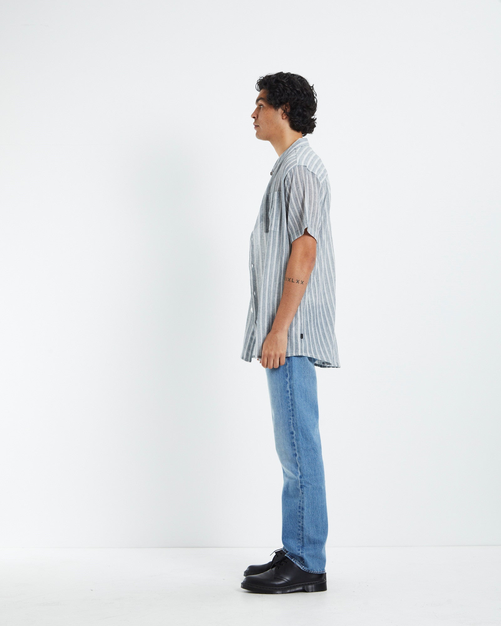 Bon Sun Stripe Short Sleeve Shirt Grey GREY