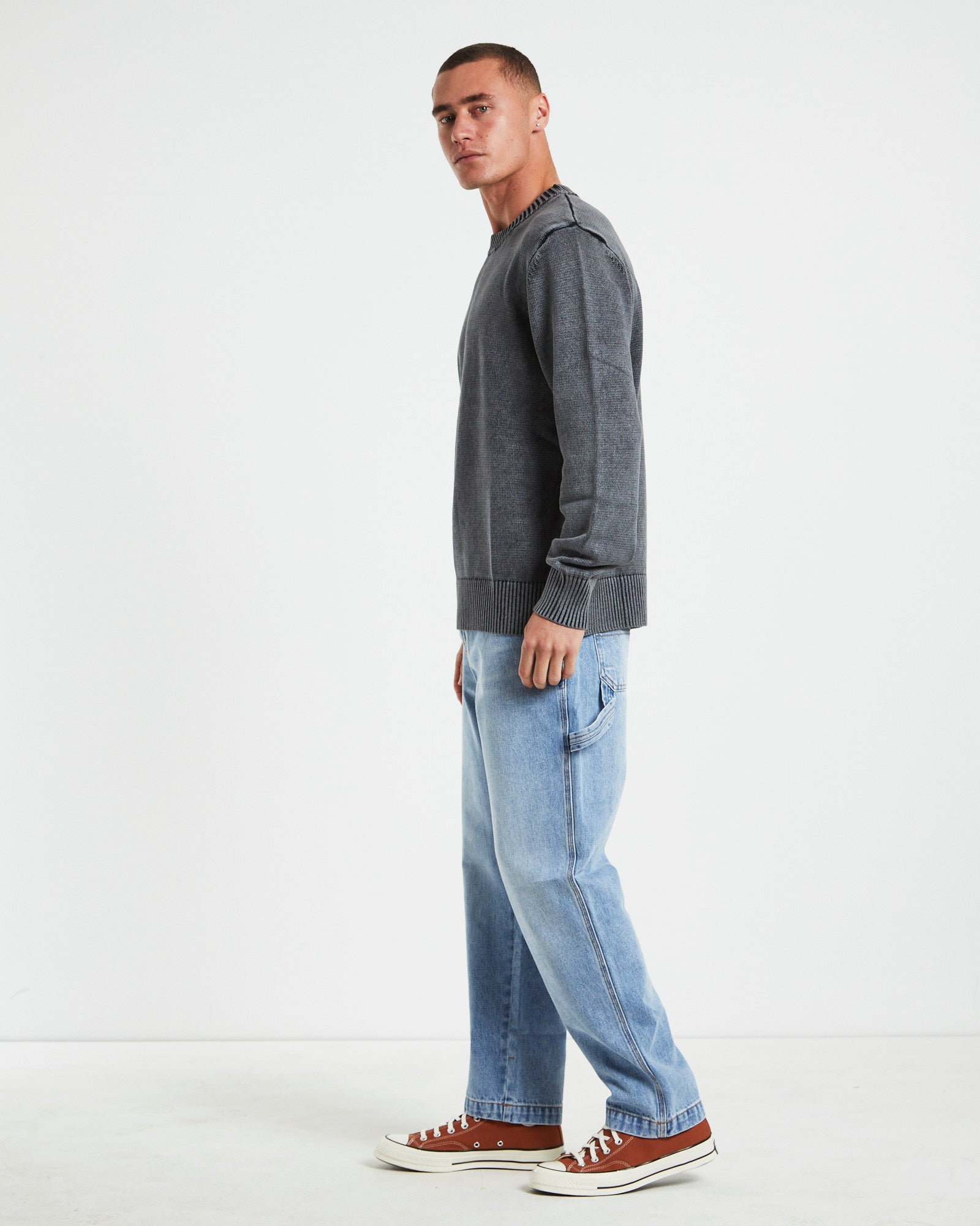 Strummer Acid Wash Long Sleeve Knit in Dark Charcoal GREY
