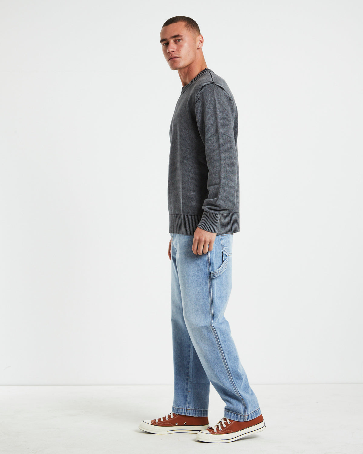 Strummer Acid Wash Long Sleeve Knit in Dark Charcoal GREY