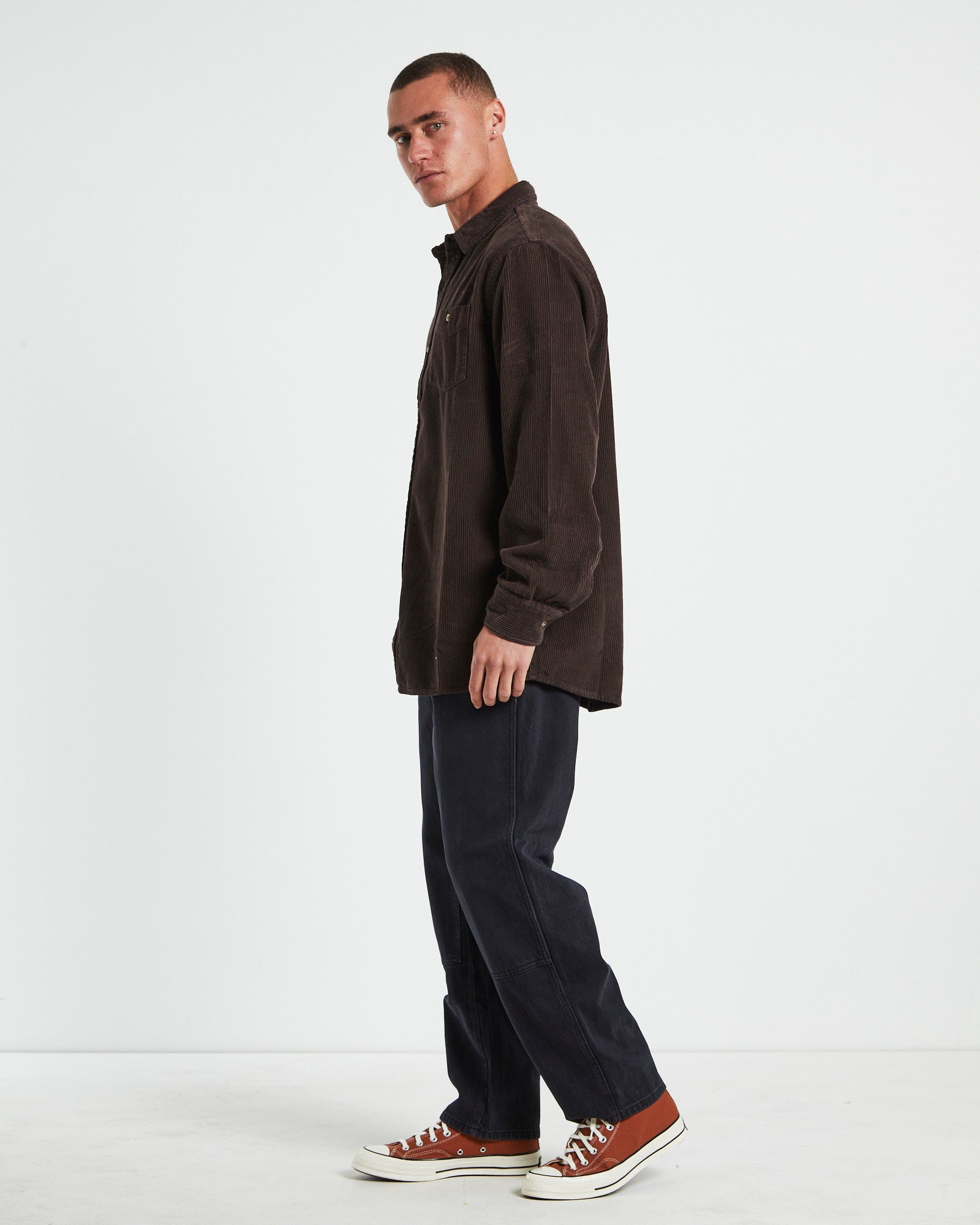 Men At Work Fat Cord Long Sleeve Shirt in Brown BROWN