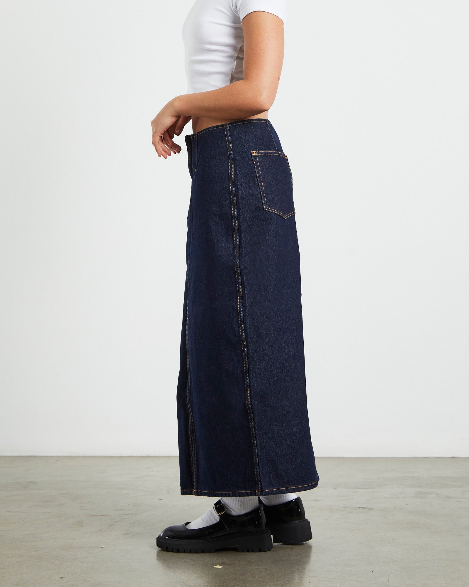 Recut Denim Maxi Skirt in Rinsed Denim Blue BLUE