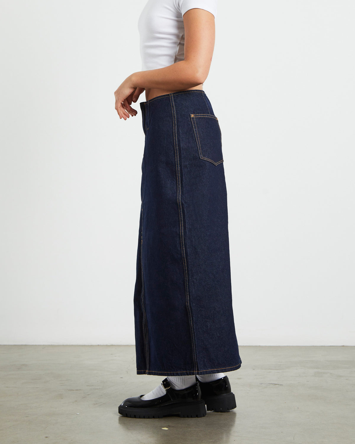 Recut Denim Maxi Skirt in Rinsed Denim Blue BLUE