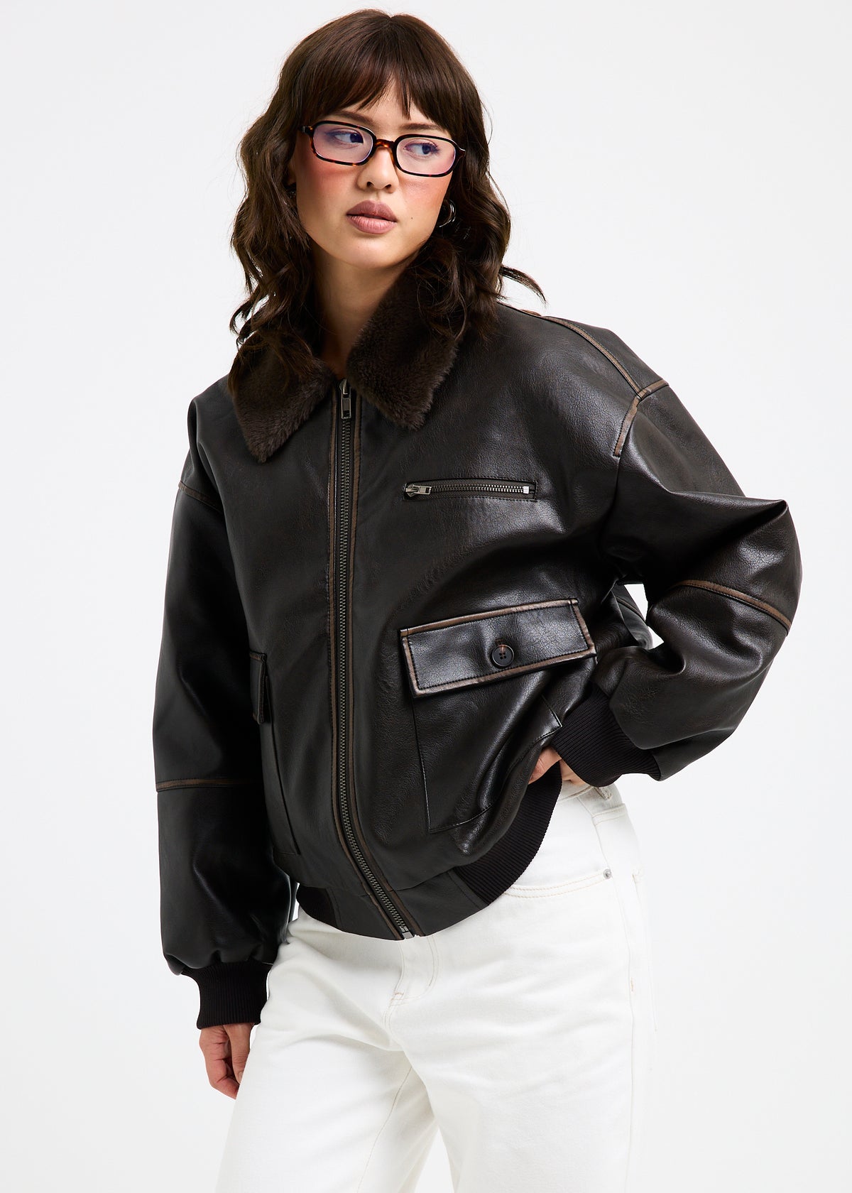 Cody Fur Trim Distressed PU Jacket BROWN