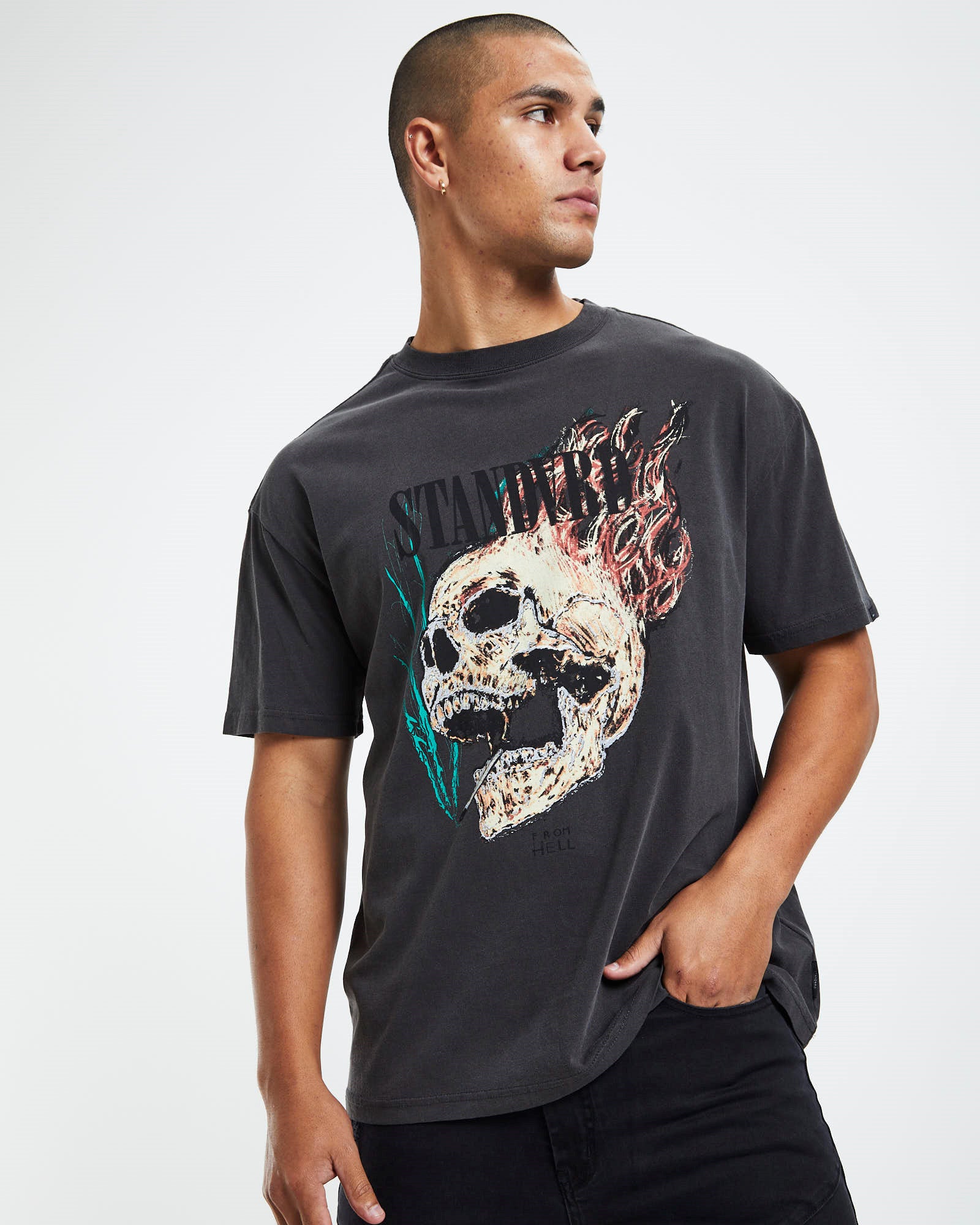 Flame Skull T-Shirt Vintage Black BLACK