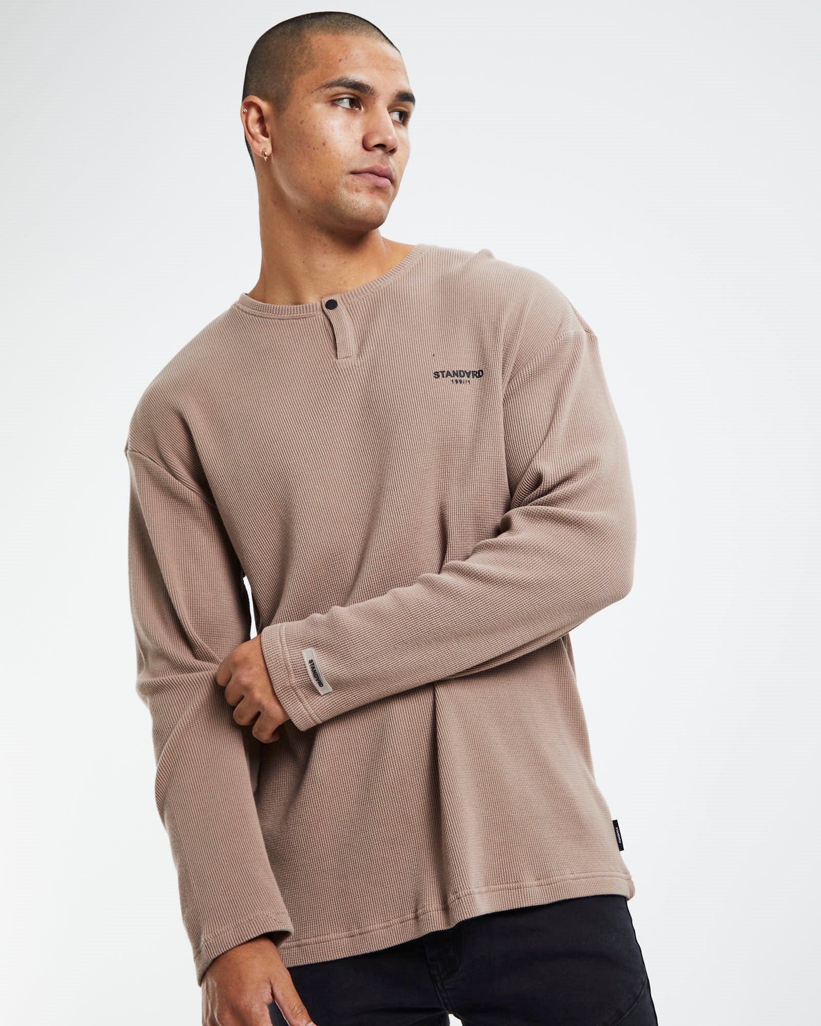 Waffle Henley Long Sleeve T-Shirt Dirt Brown BROWN