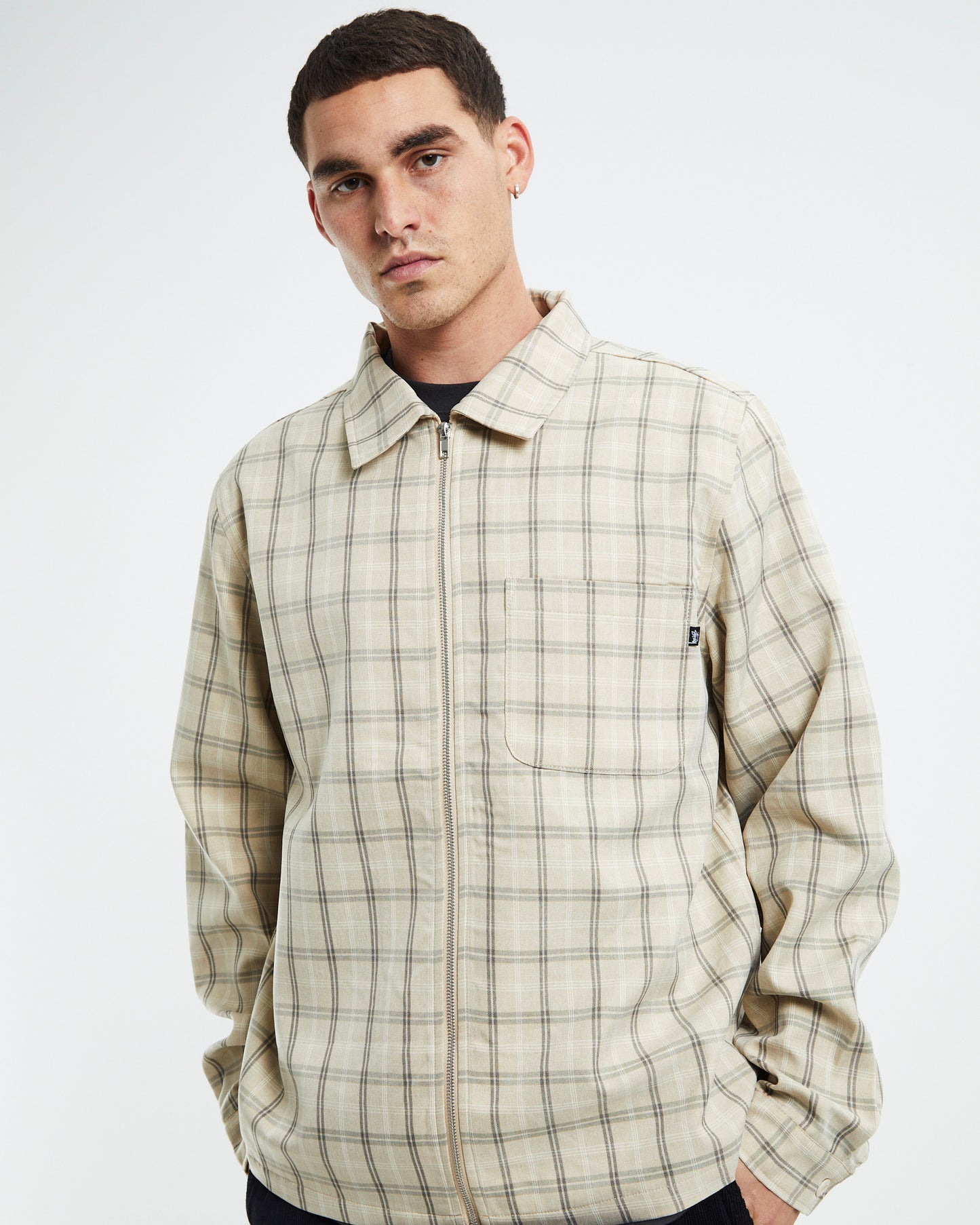 Check Zip Up Long Sleeve Shirt Sand