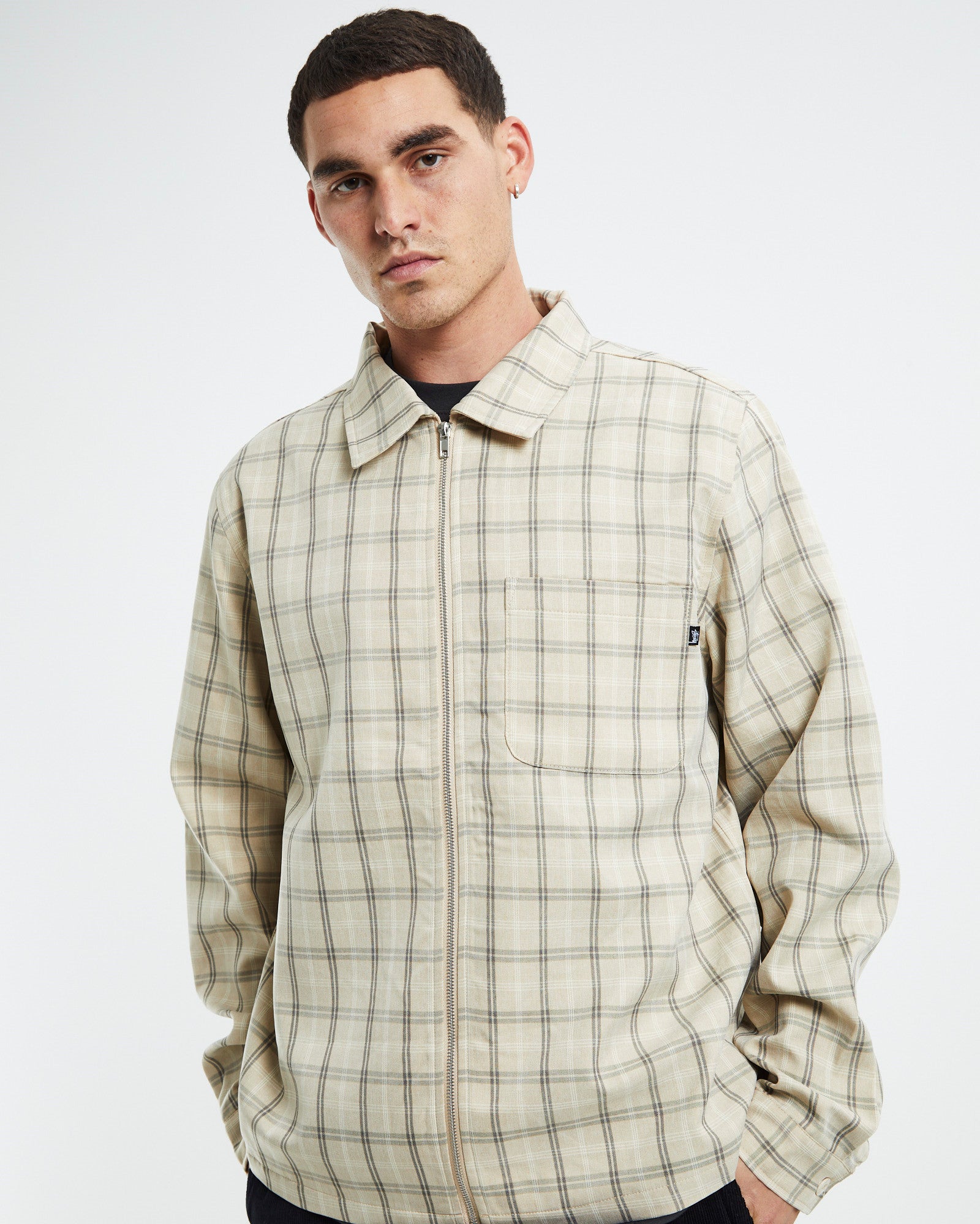 Check Zip Up Long Sleeve Shirt Sand SAND