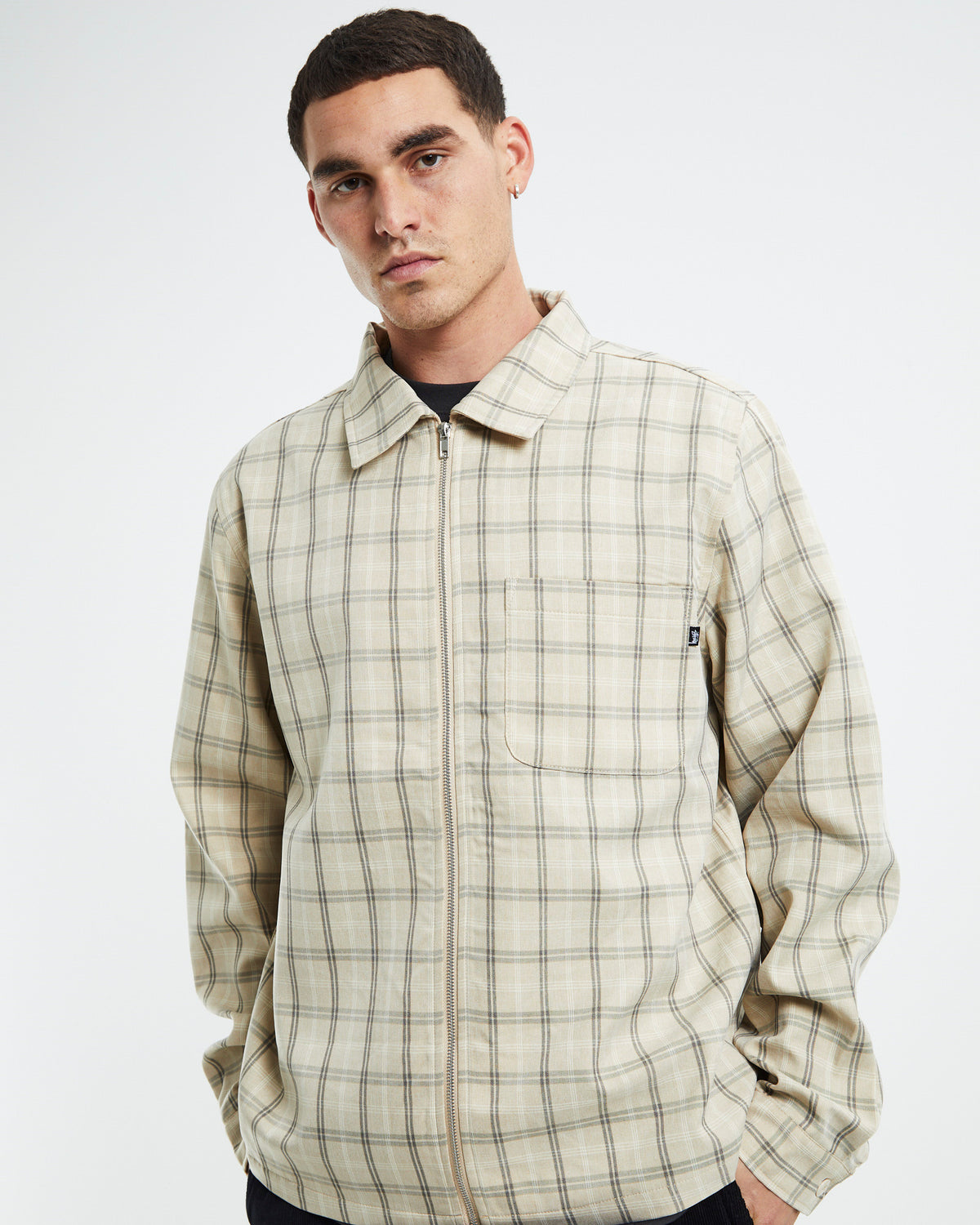 Check Zip Up Long Sleeve Shirt Sand SAND