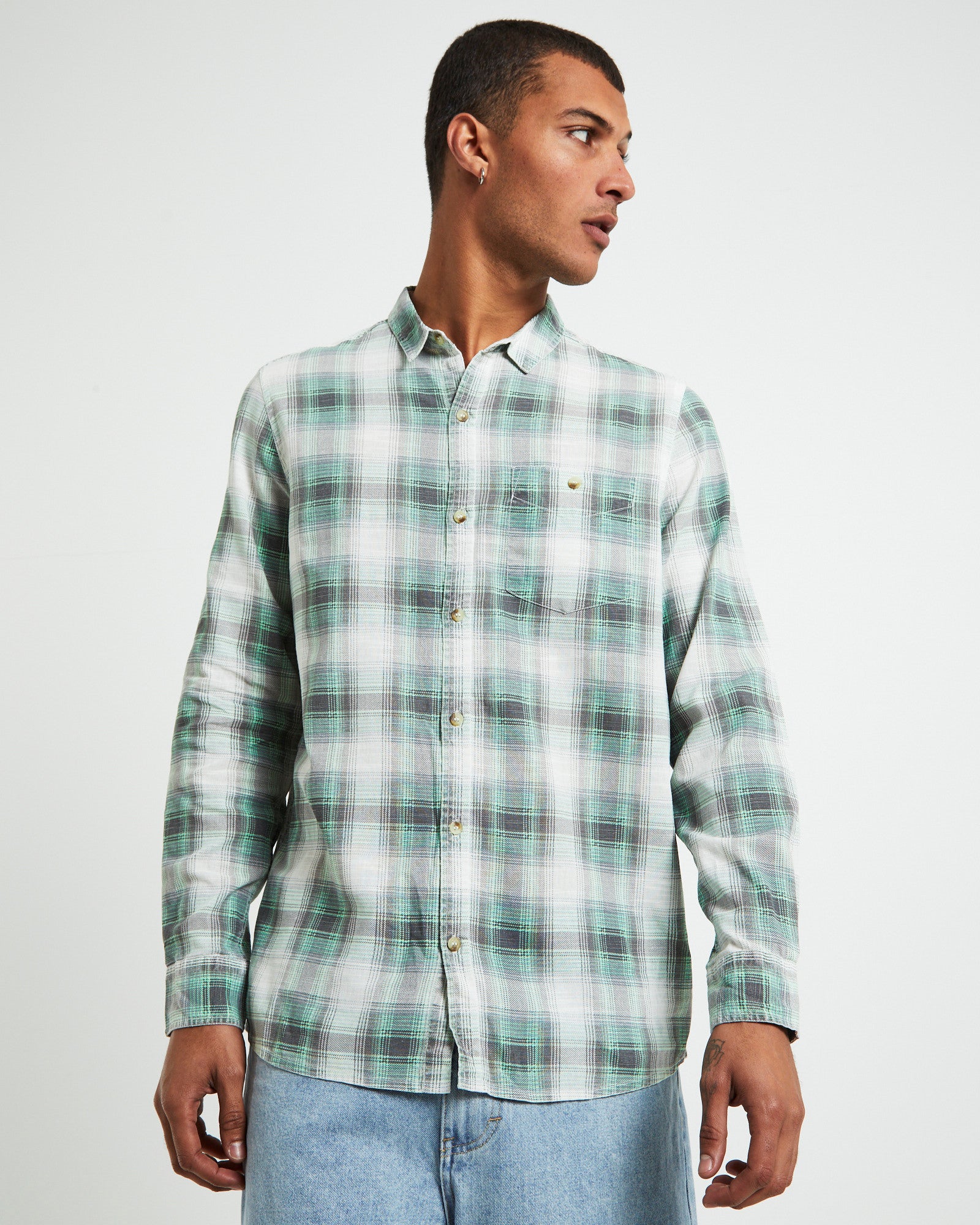 Men At Work Tradie Check Long Sleeve Shirt in Moss Green GREEN