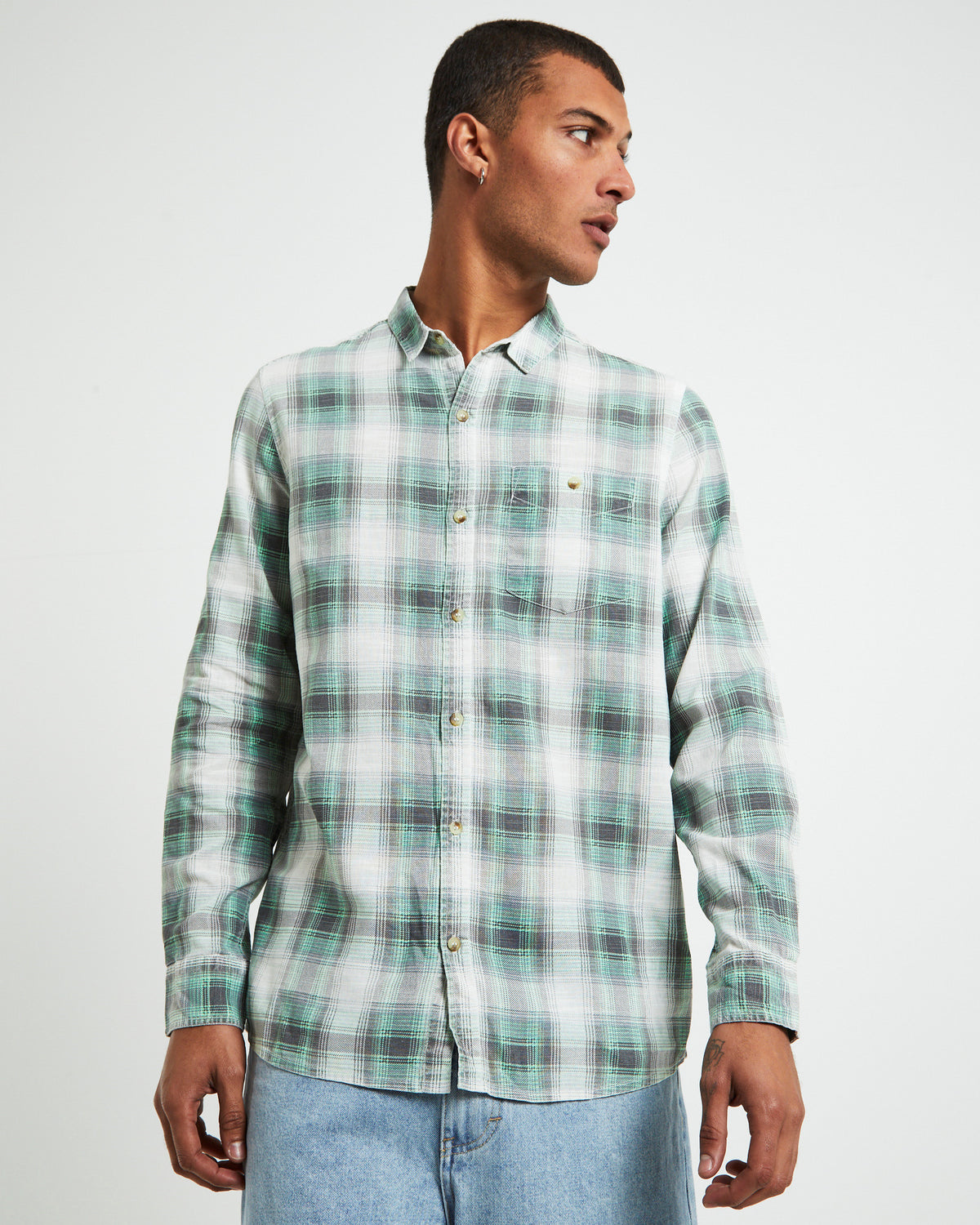 Men At Work Tradie Check Long Sleeve Shirt in Moss Green GREEN