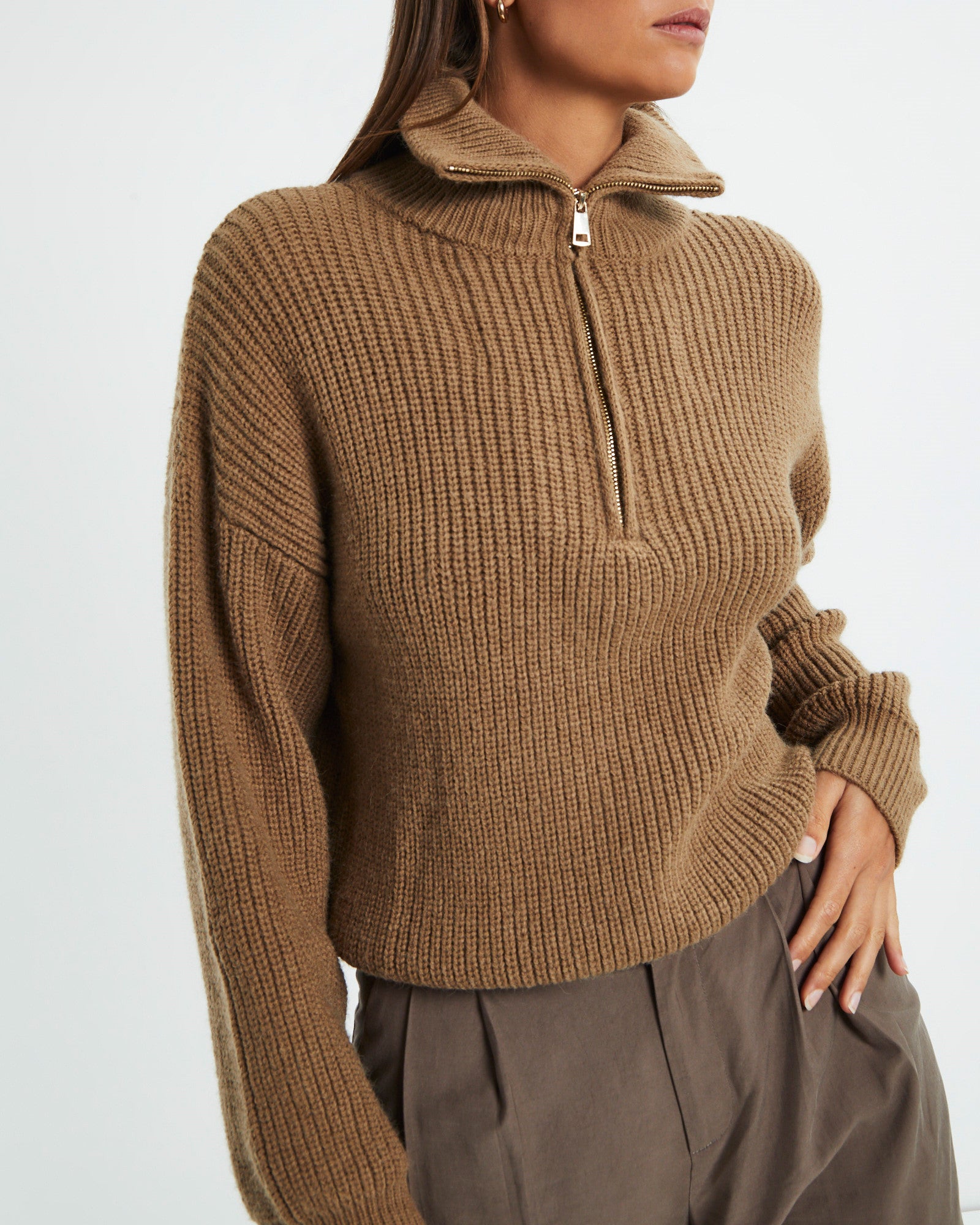 Ezra Half Zip Knit Pull Over Hazelnut BROWN