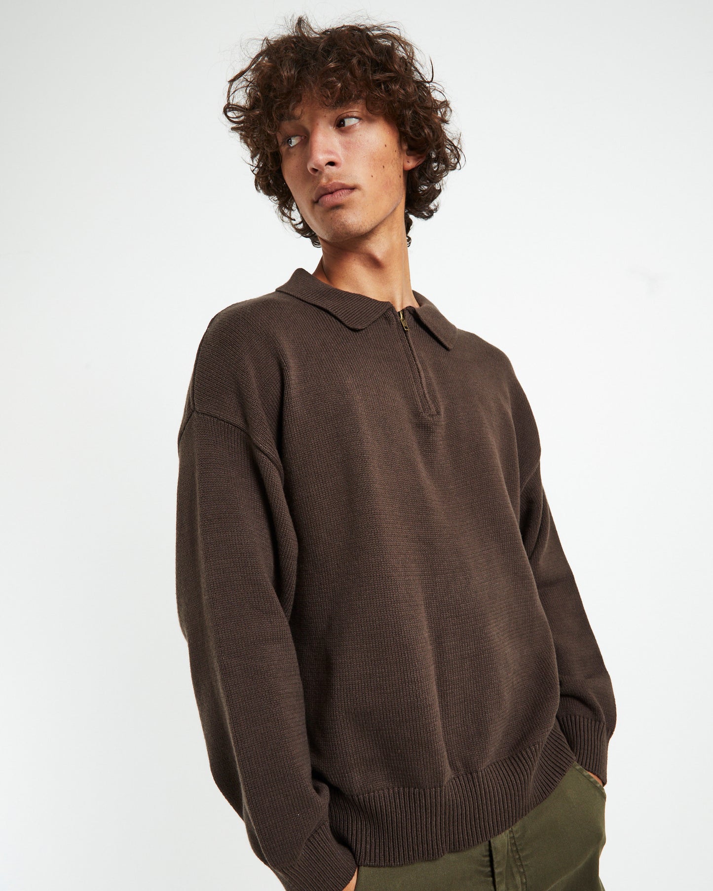 Relaxed Cable Knit Zip Through Umber Brown