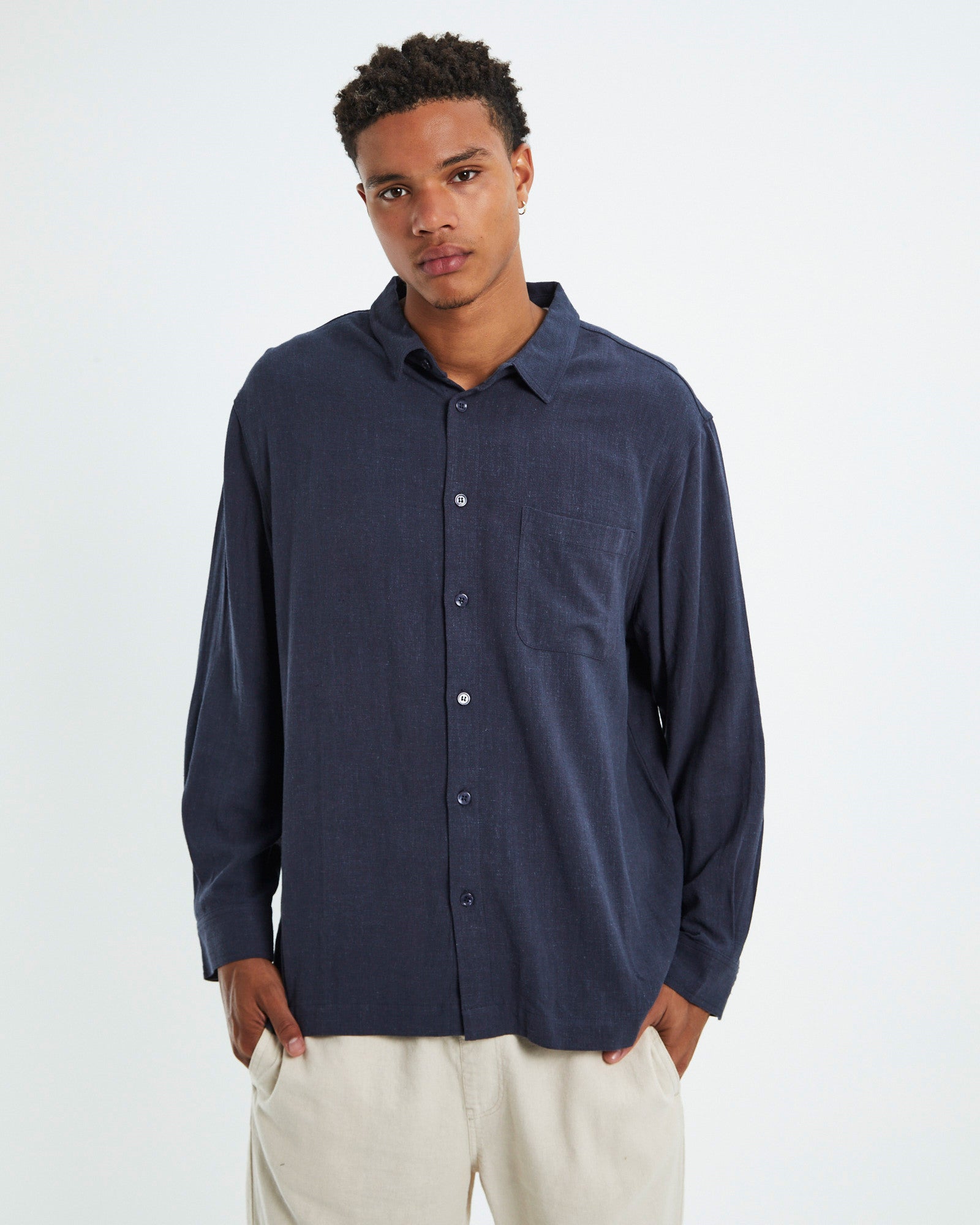 Harrison Linen Long Sleeve Shirt Navy NAVY