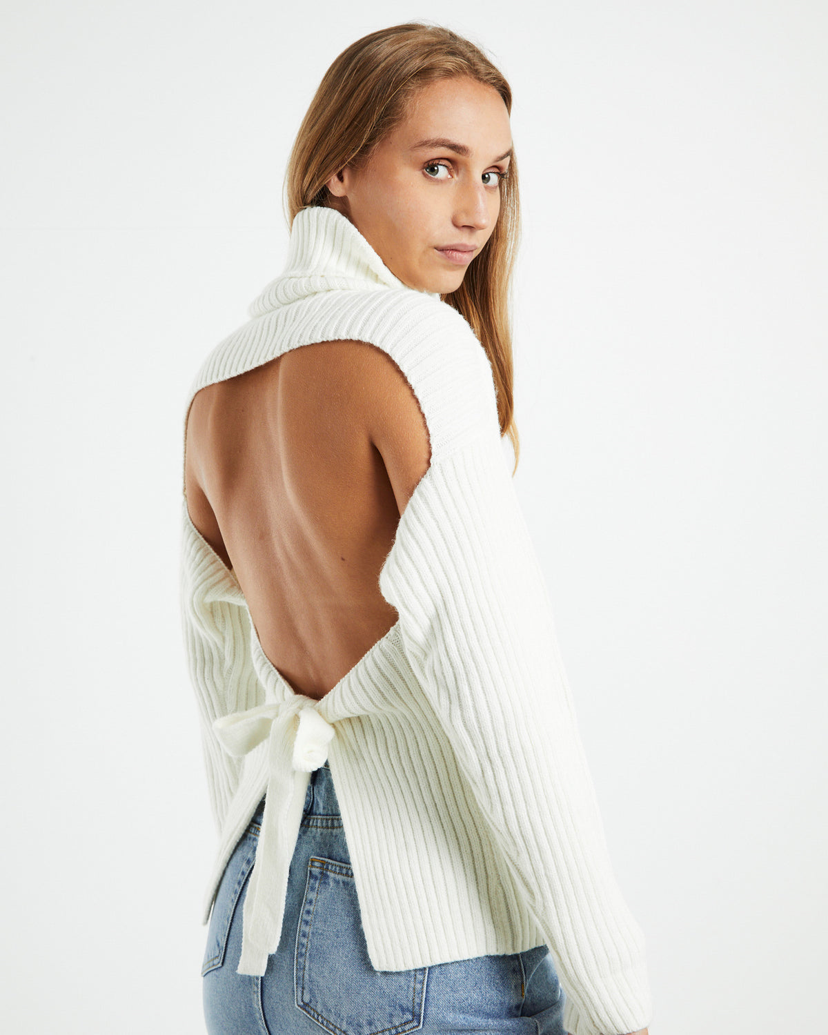 Amina Tie Back Boxy Knit Jumper White WHITE