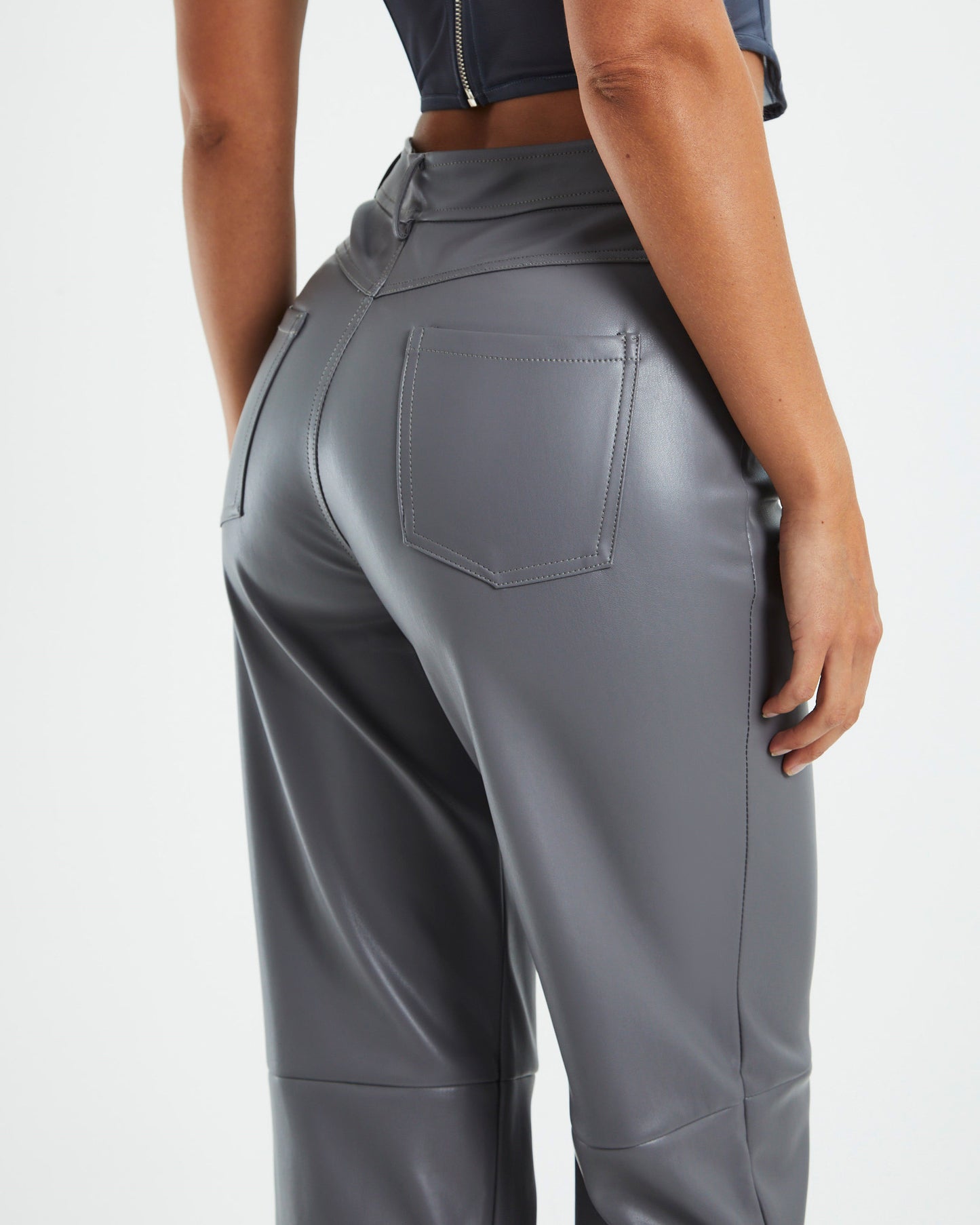 Karli Leather Look Straight Leg Pants Grey