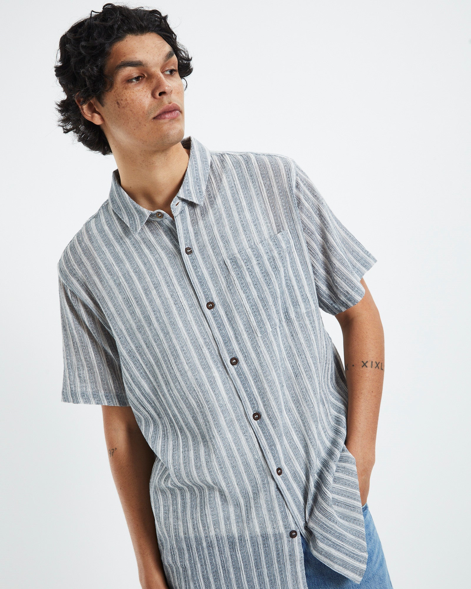 Bon Sun Stripe Short Sleeve Shirt Grey GREY