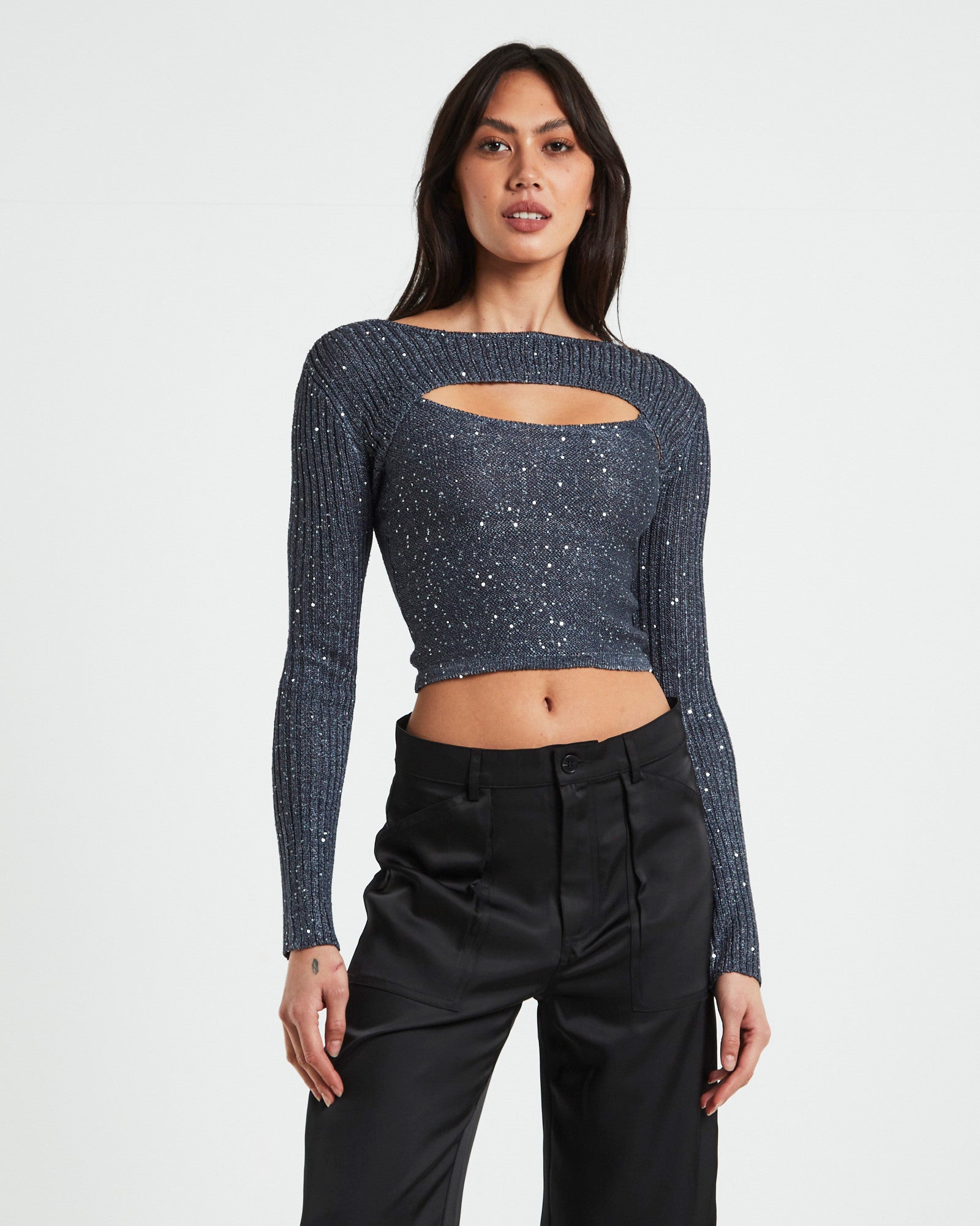 Pixie Metallic Long Sleeve Knit Bolero Grey SILVER